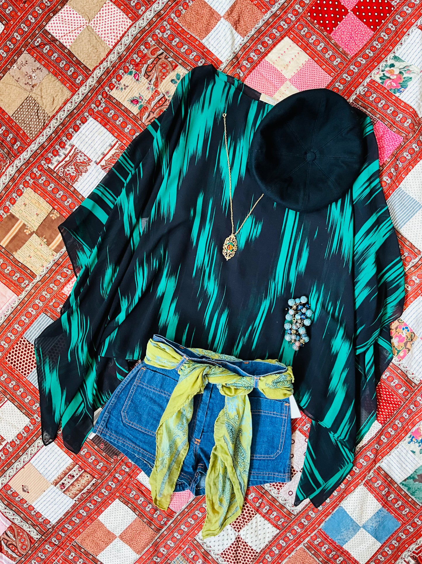 Vintage 2000s Black and Green Michael Kors Silk Chiffon Scarf Top