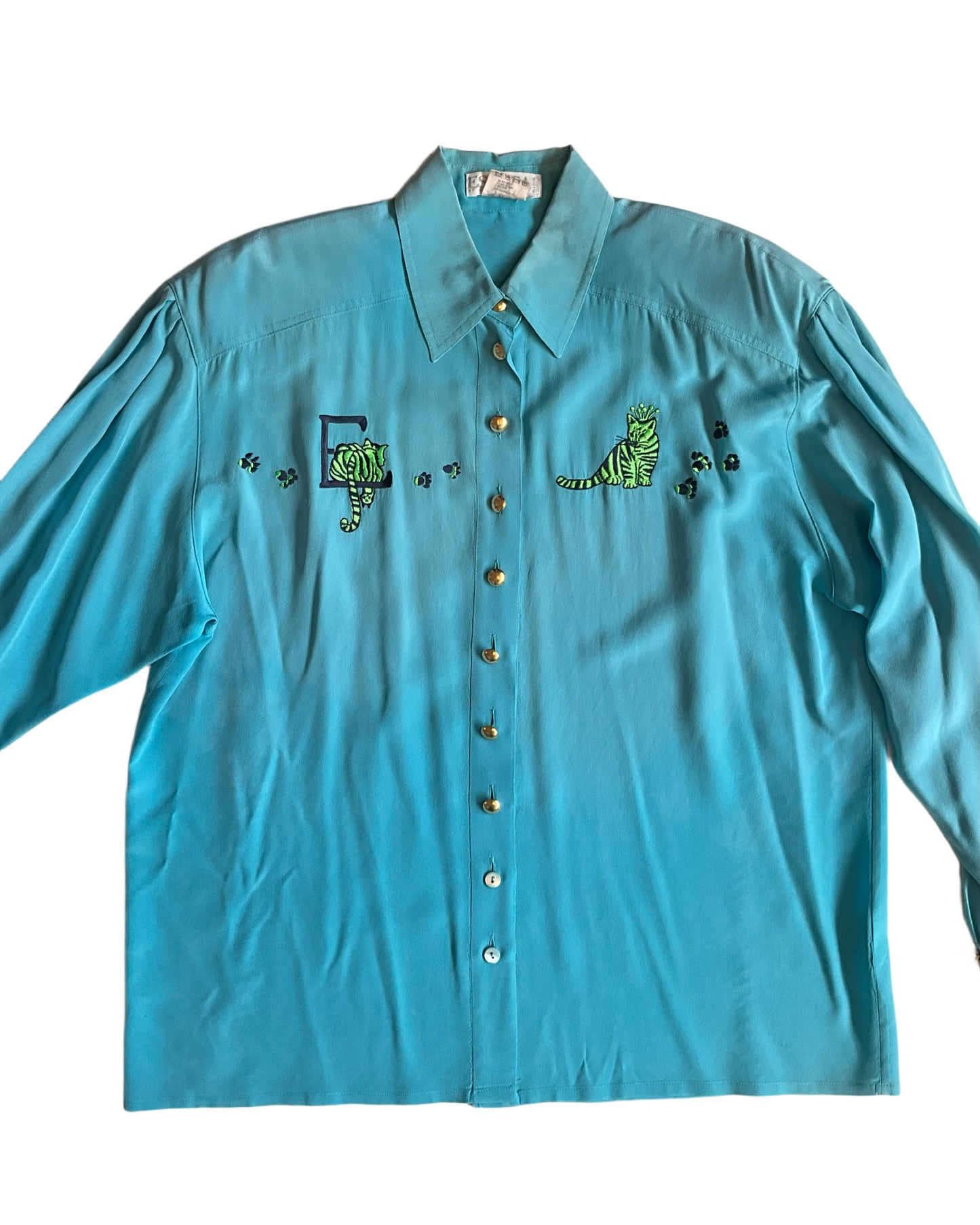 Vintage 1980s Escada Blue Embroidered Tiger Cub Silk Blouse, XL