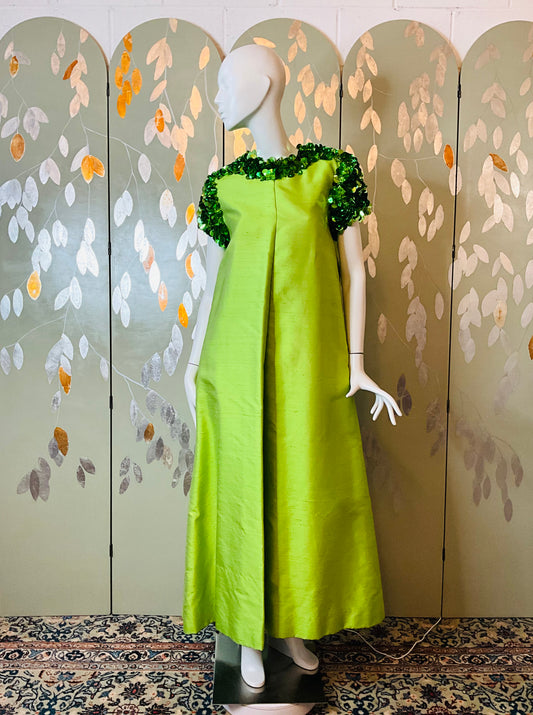 Vintage 1960s Green Silk Paillette Sleeve Evening Gown