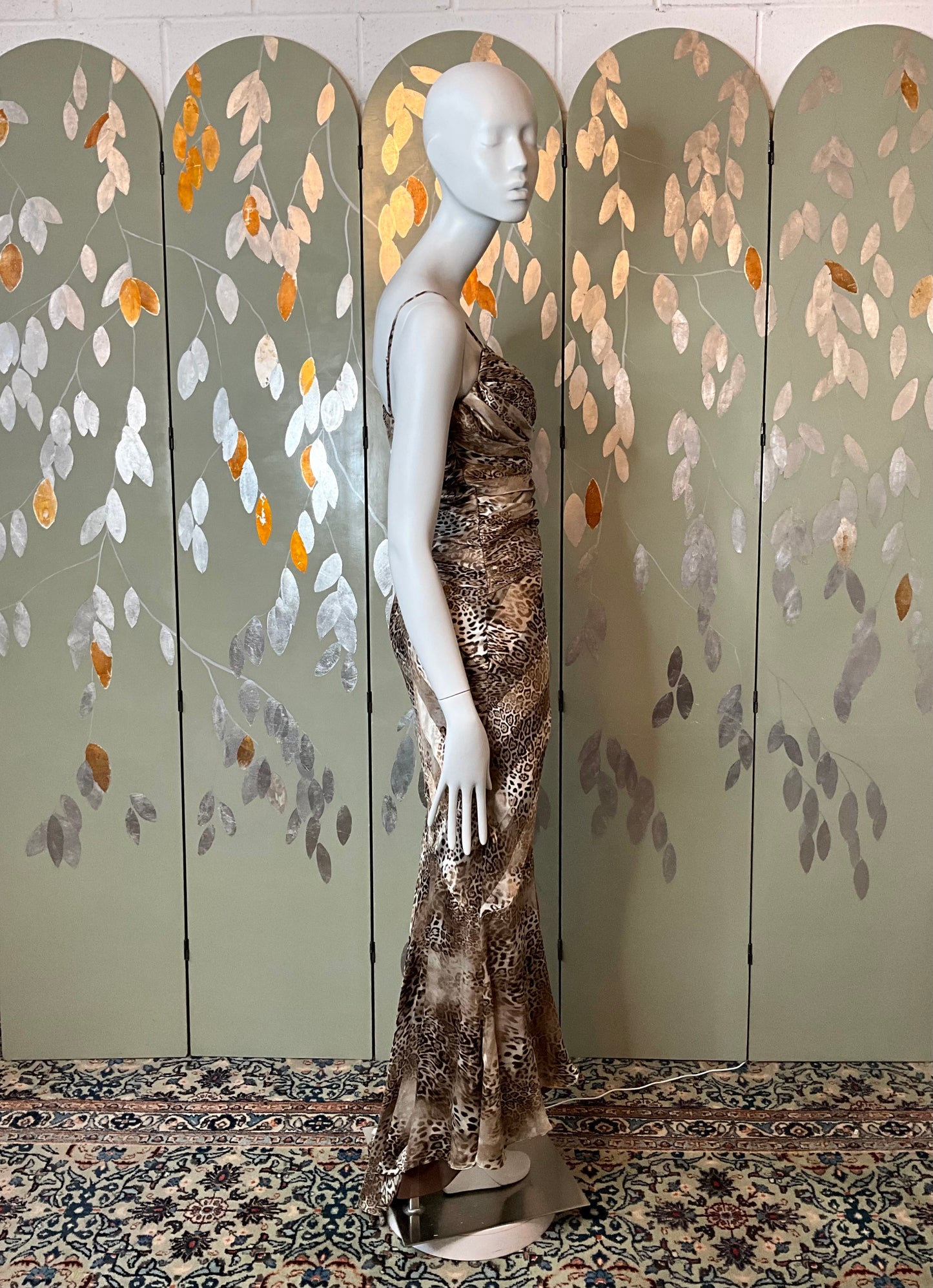 Y2K Leopard Print Silk Bias-Cut Gown, Medium 