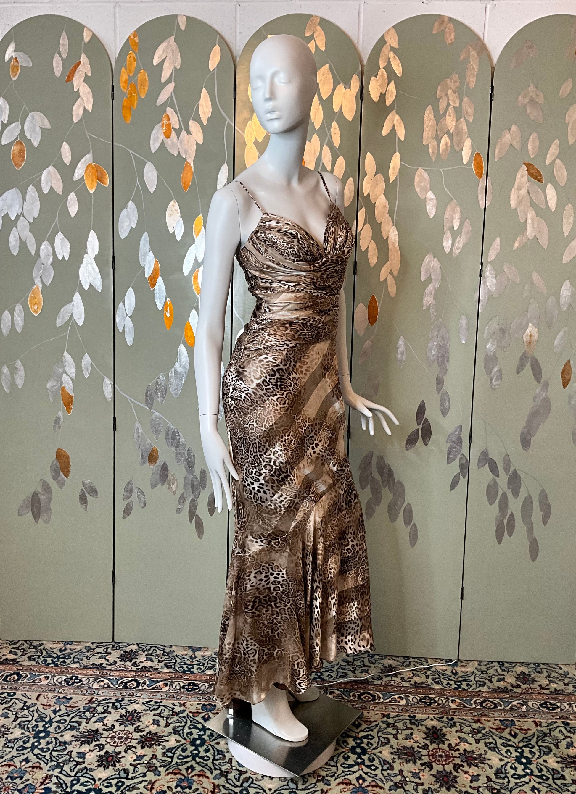 Y2K Leopard Print Silk Bias-Cut Gown, Medium 