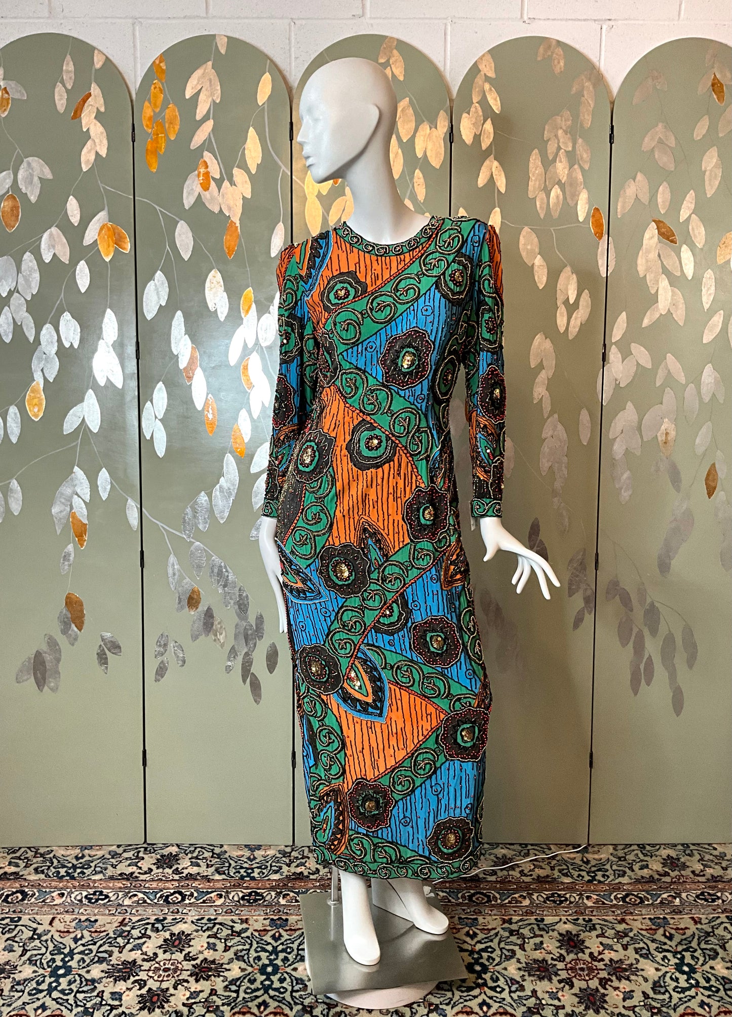 Vintage 1990s Blue & Orange Beaded Gown, Medium 