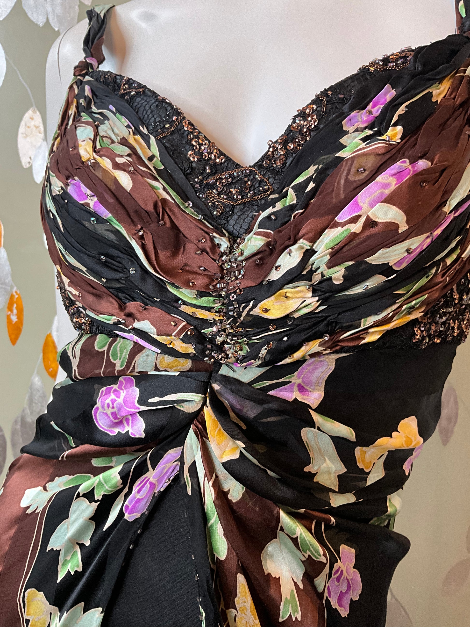 2000s Black/Brown Floral Silk Beaded Gown, Small 