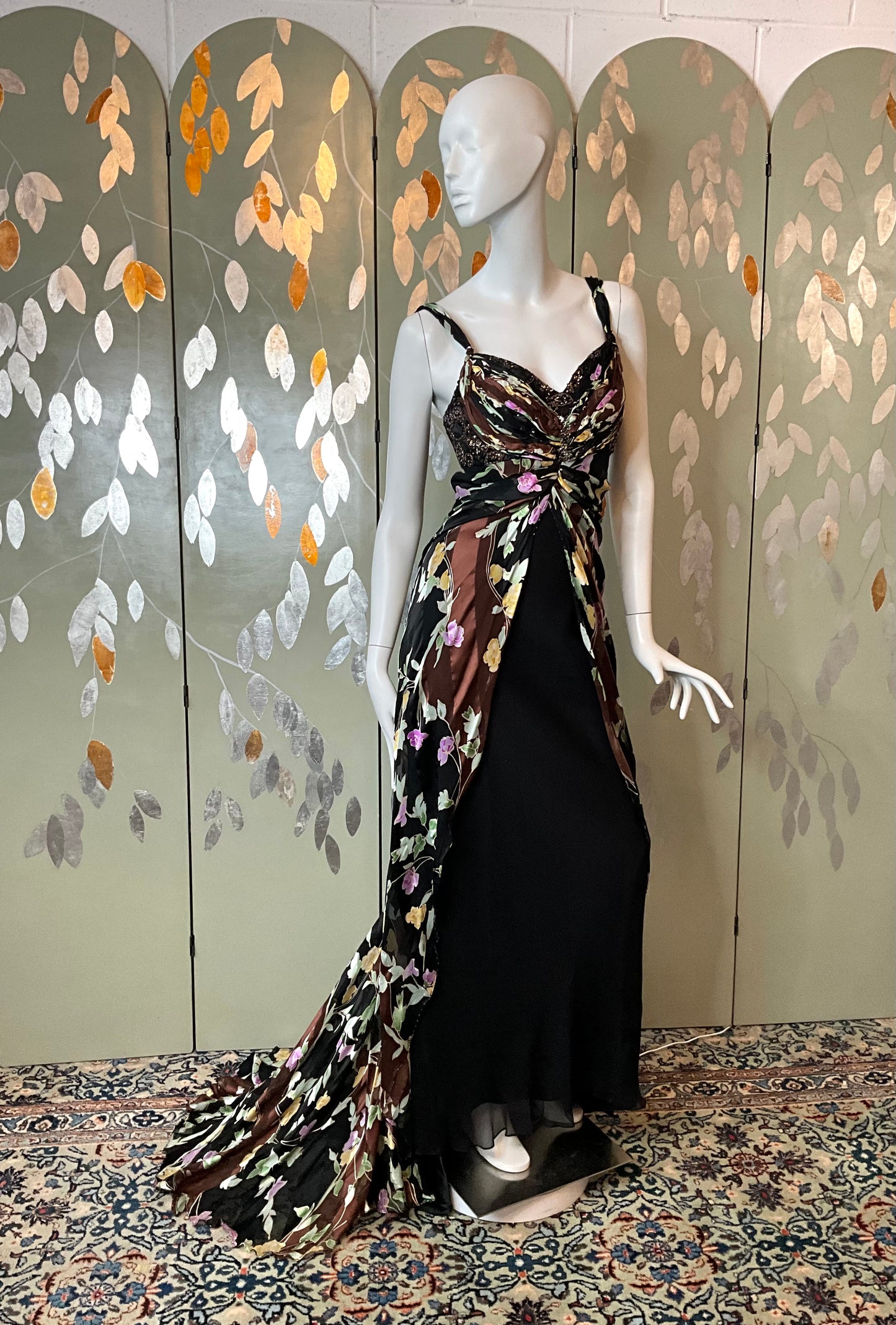2000s Black/Brown Floral Silk Beaded Gown, Small 