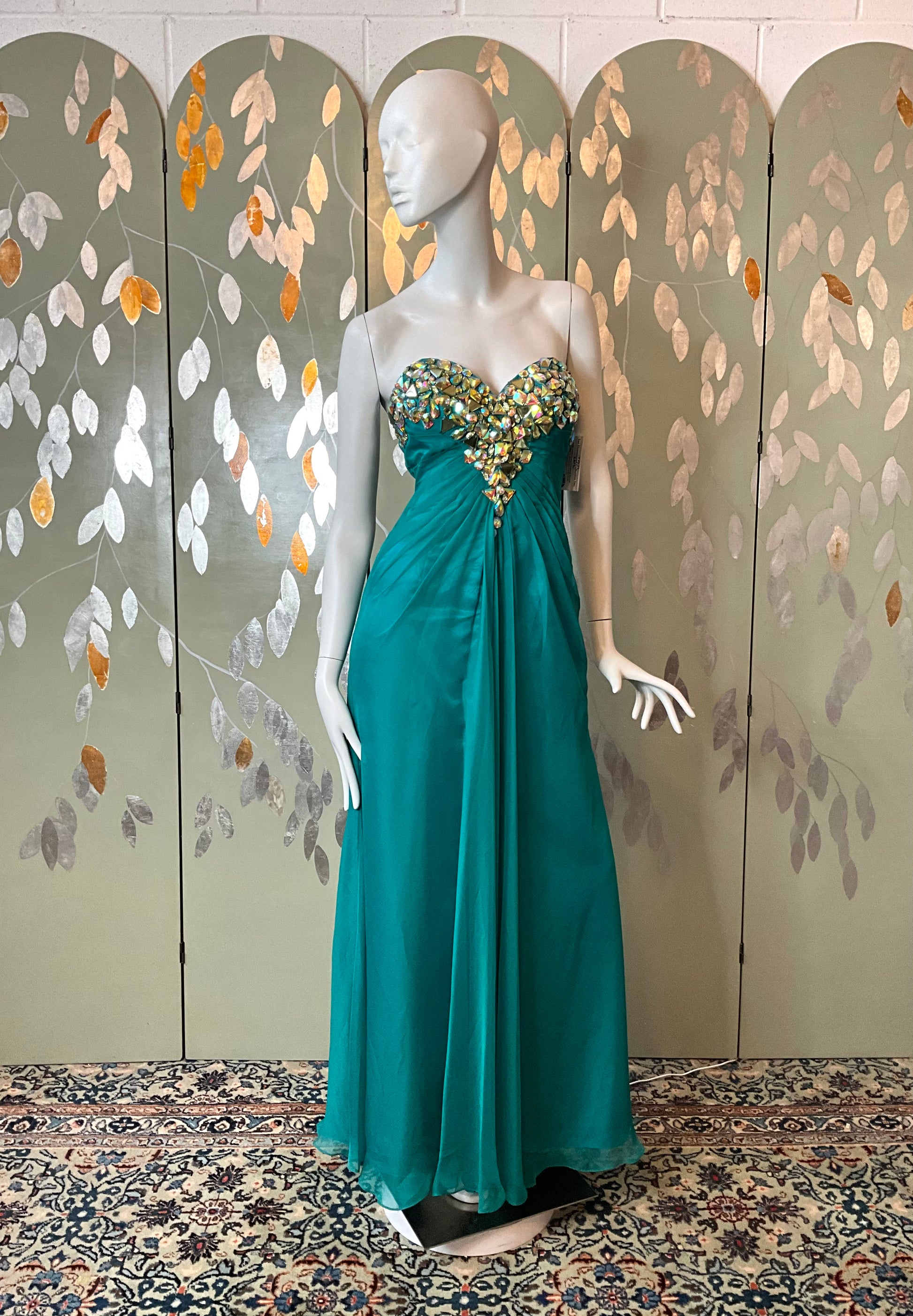 2000s Teal Green Chiffon Embellished Mermaid Gown, XS Ian Drummond Vintage 2000s Teal Green Chiffon Embellished Mermaid Gown, XS Ian Drummond Vintage
