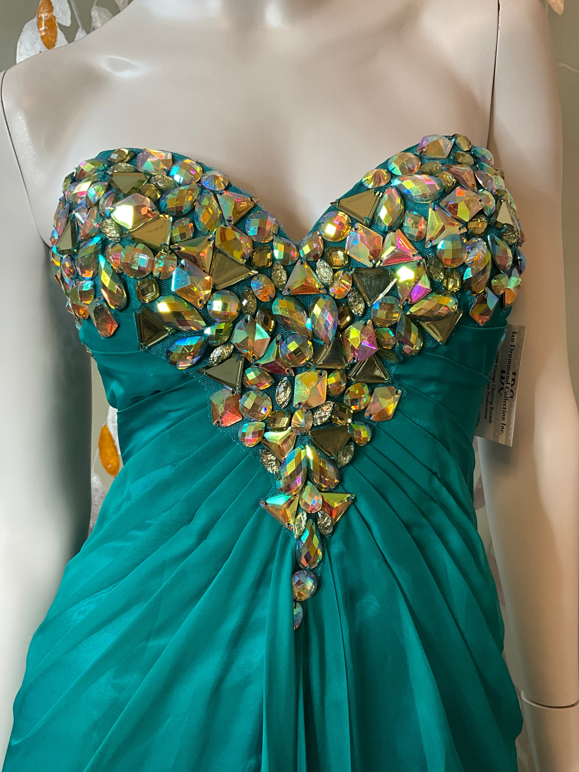 2000s Teal Green Chiffon Embellished Mermaid Gown, XS Ian Drummond Vintage 2000s Teal Green Chiffon Embellished Mermaid Gown, XS Ian Drummond Vintage