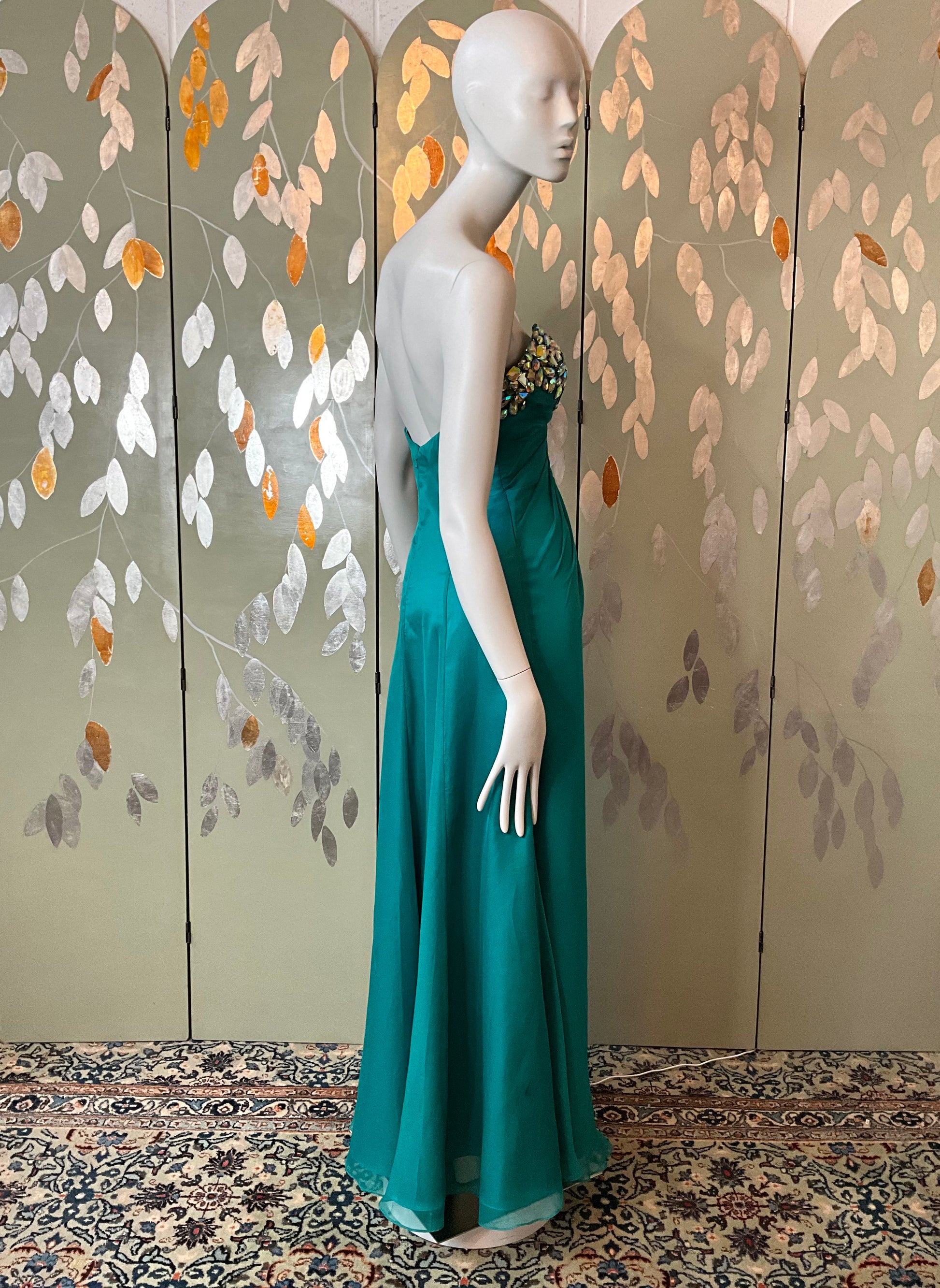 2000s Teal Green Chiffon Embellished Mermaid Gown, XS Ian Drummond Vintage 2000s Teal Green Chiffon Embellished Mermaid Gown, XS Ian Drummond Vintage