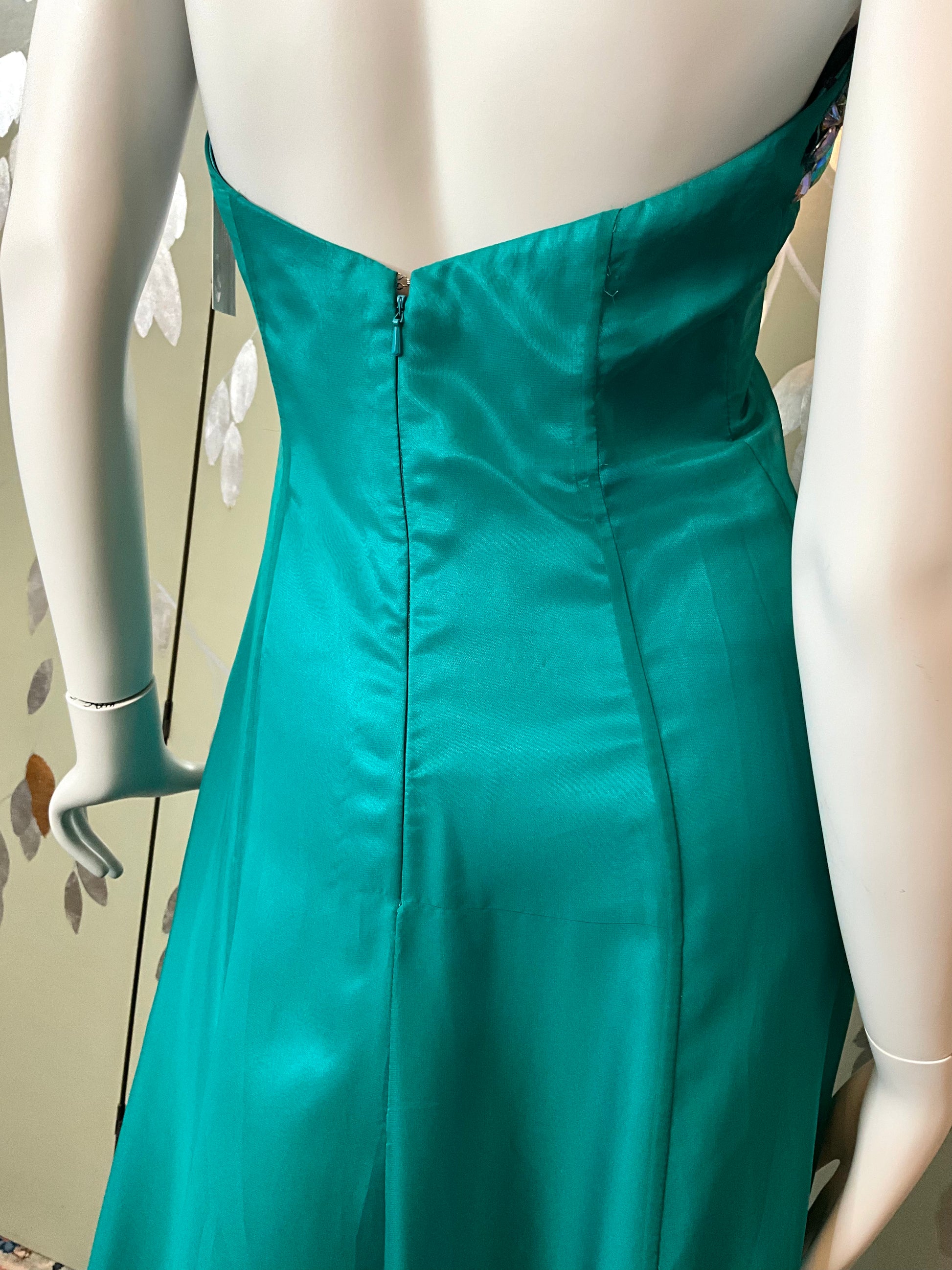 2000s Teal Green Chiffon Embellished Mermaid Gown, XS 2000s Teal Green Chiffon Embellished Mermaid Gown, XS