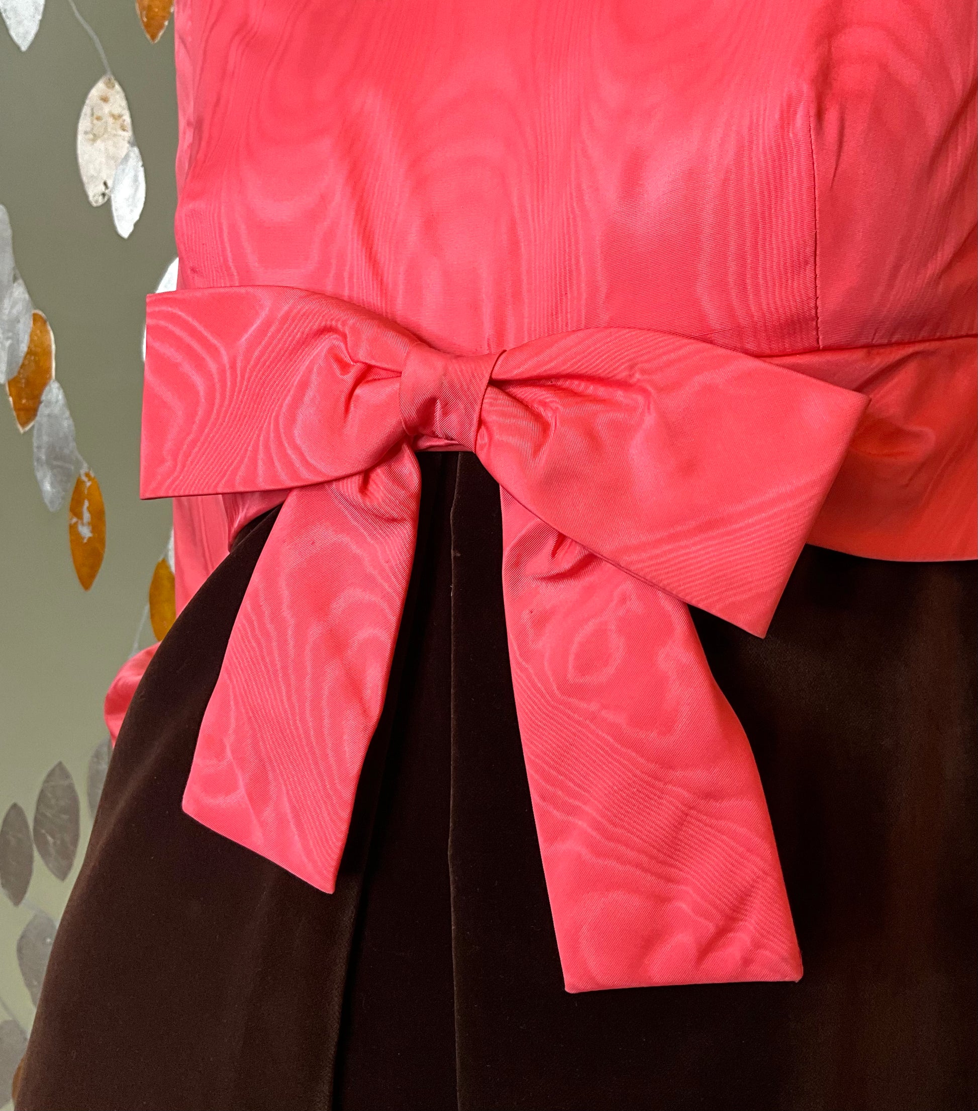 Vintage 1960s Pink Taffeta & Brown Velvet Empire Gown, Small 