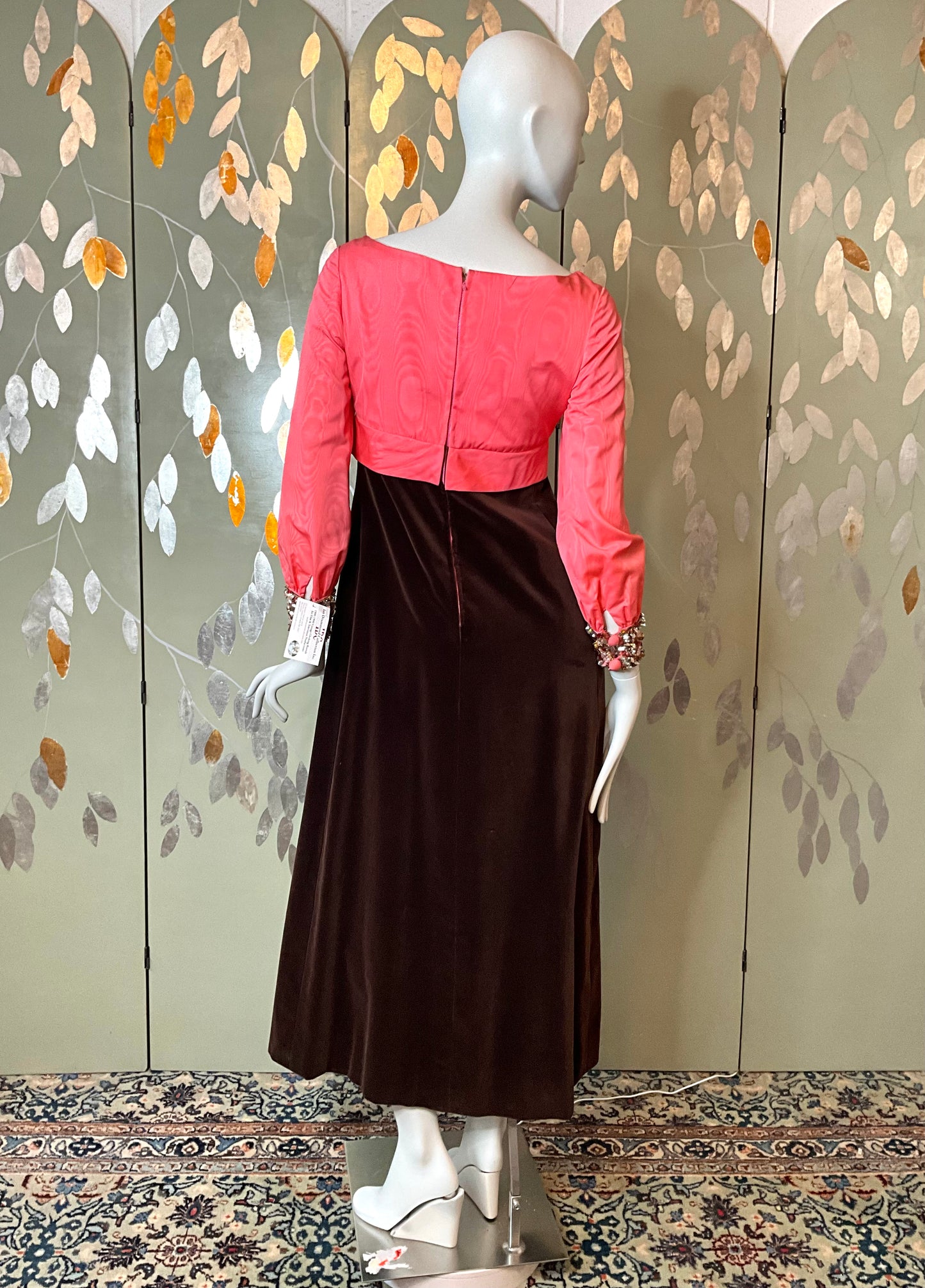Vintage 1960s Pink Taffeta & Brown Velvet Empire Gown, Small 