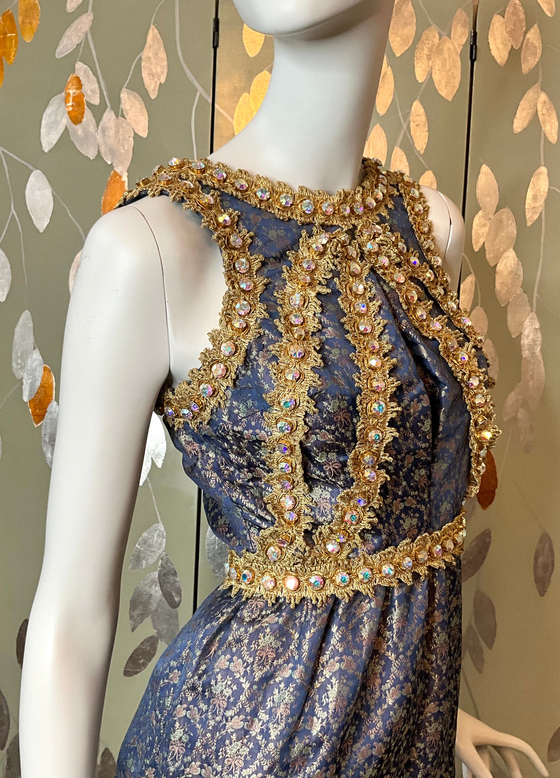 Vintage 1960s Blue Satin Brocade & Gold Trim Gown, Small Ian Drummond Vintage Vintage 1960s Blue Satin Brocade & Gold Trim Gown, Small Ian Drummond Vintage