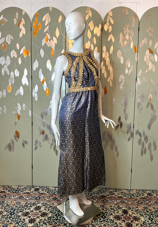 Vintage 1960s Blue Satin Brocade & Gold Trim Gown, Small 
