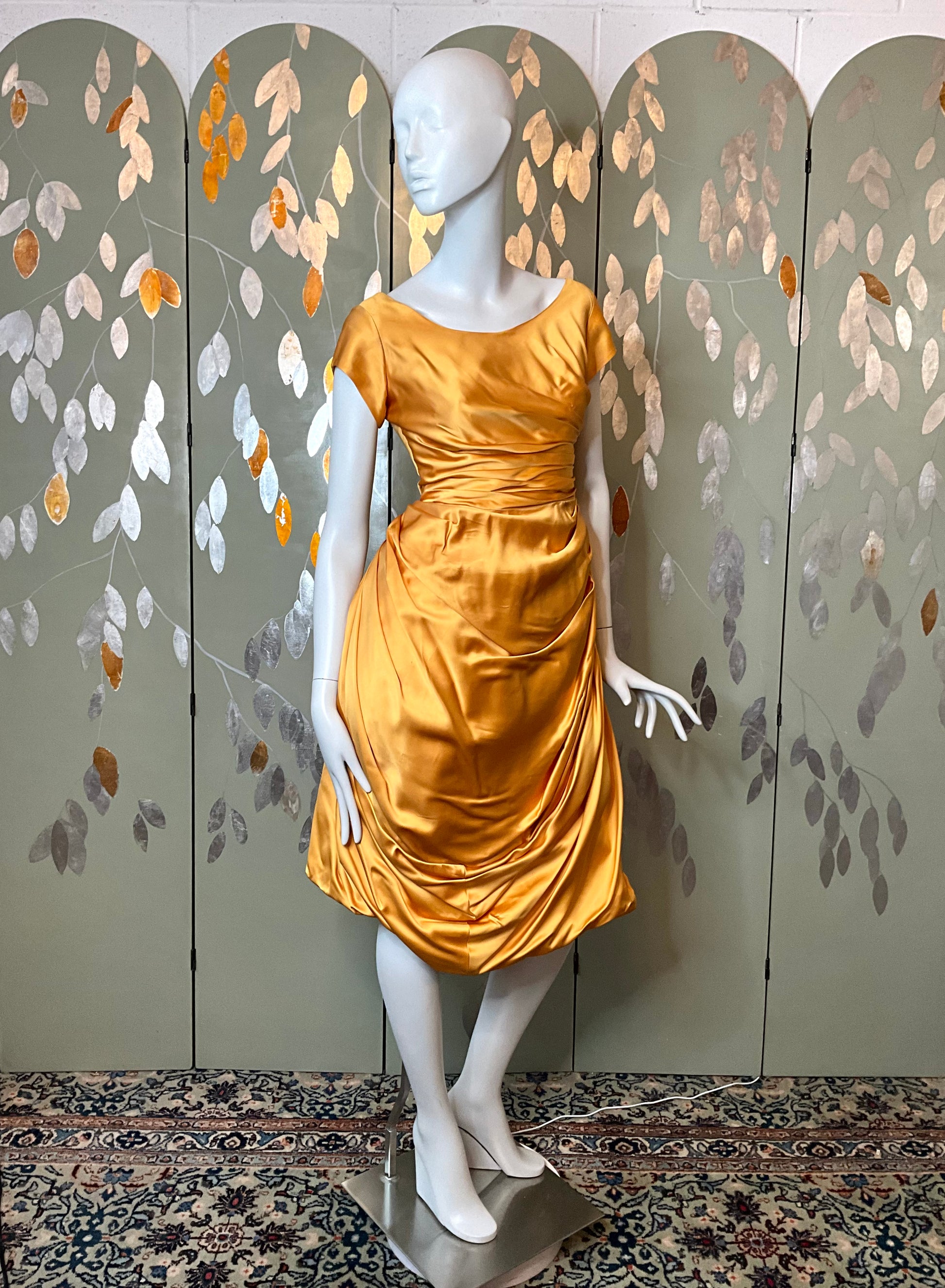 Satin Swing Dress Midi Vintage 1950s Yellow Gold Satin Dress, Small Ian Drummond Vintage Satin Swing Dress Midi Vintage 1950s Yellow Gold Satin Dress, Small Ian Drummond Vintage