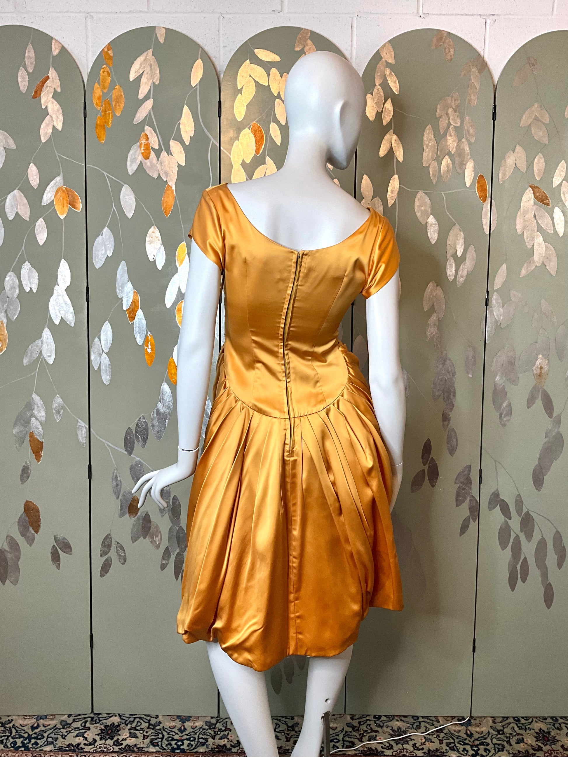 Vintage 1950s Yellow Gold Satin Dress, Small 