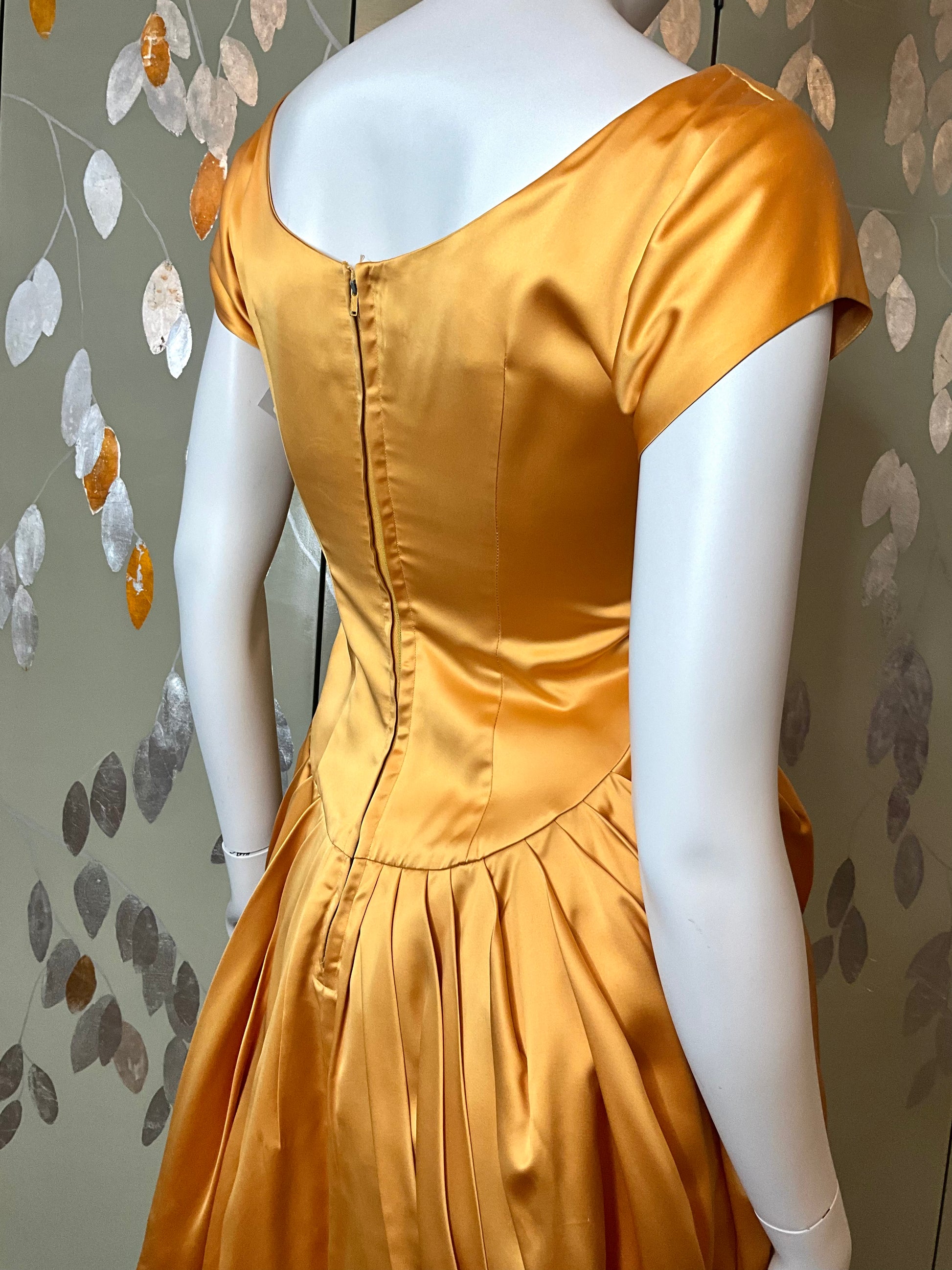 old gold color dress Vintage Off Shoulder Gold Satin Draped Evening Gown