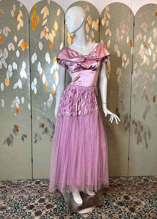 Vintage 1940s Pink Satin Tulle Gown, Medium