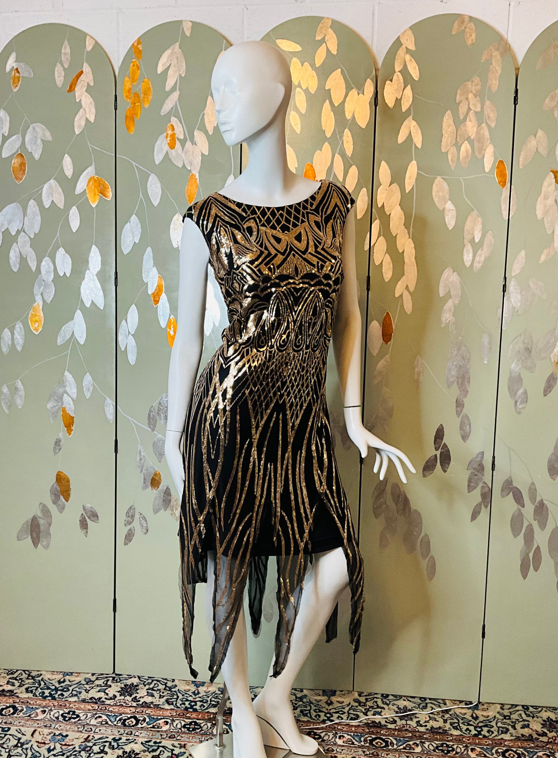 Deadstock Black and Gold Sequin Flapper Style Dress, XXL Ian Drummond Vintage Deadstock Black and Gold Sequin Flapper Style Dress, XXL Ian Drummond Vintage