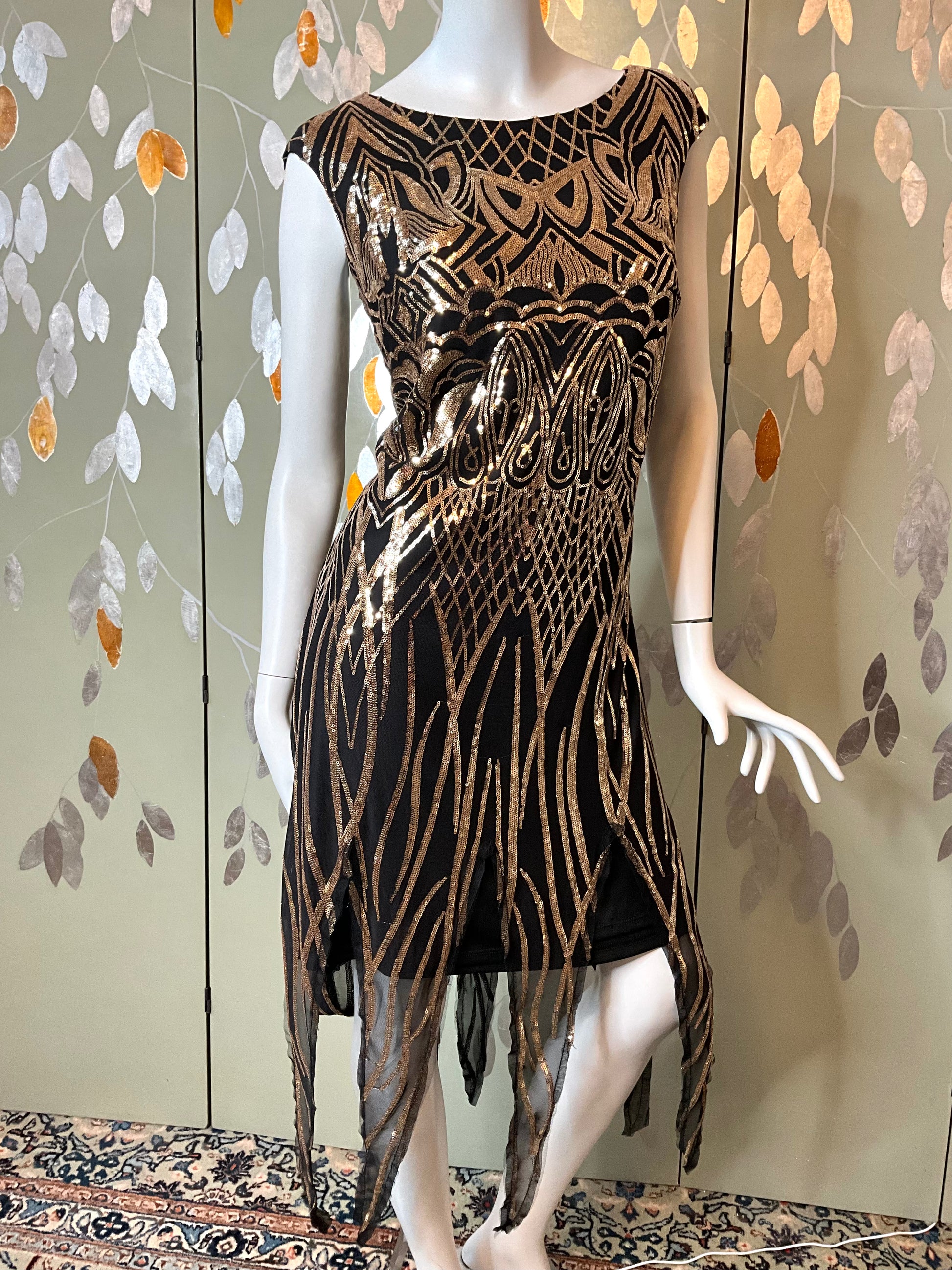Deadstock Black and Gold Sequin Flapper Style Dress, XXL Ian Drummond Vintage Deadstock Black and Gold Sequin Flapper Style Dress, XXL Ian Drummond Vintage