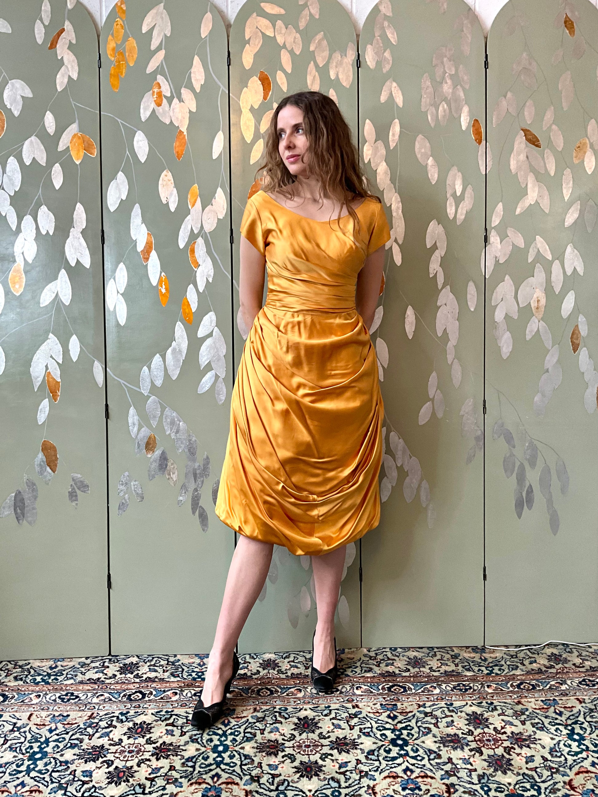 Vintage 1950s Yellow Gold Satin Dress, Small 