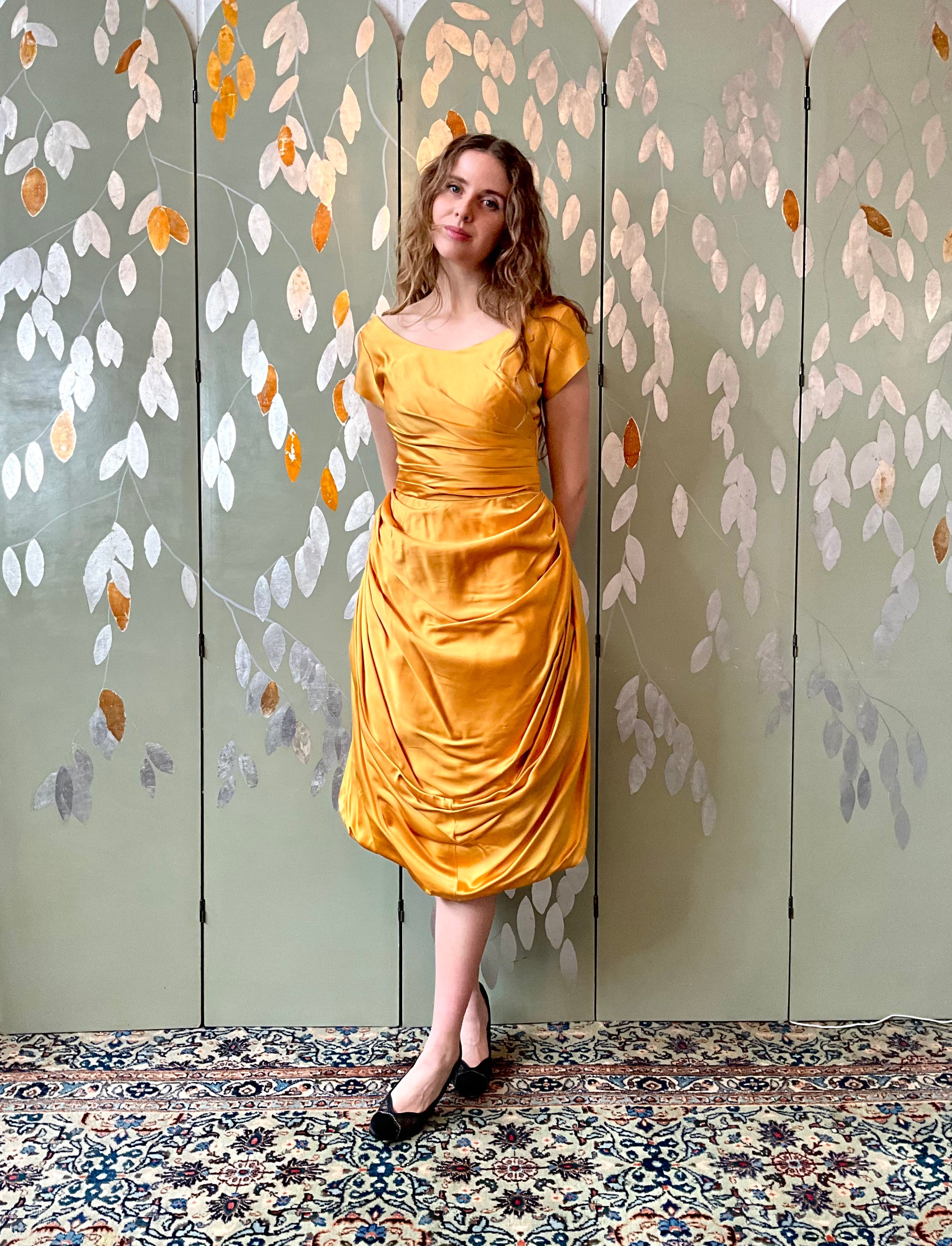 Vintage 1950s Yellow Gold Satin Dress, Small