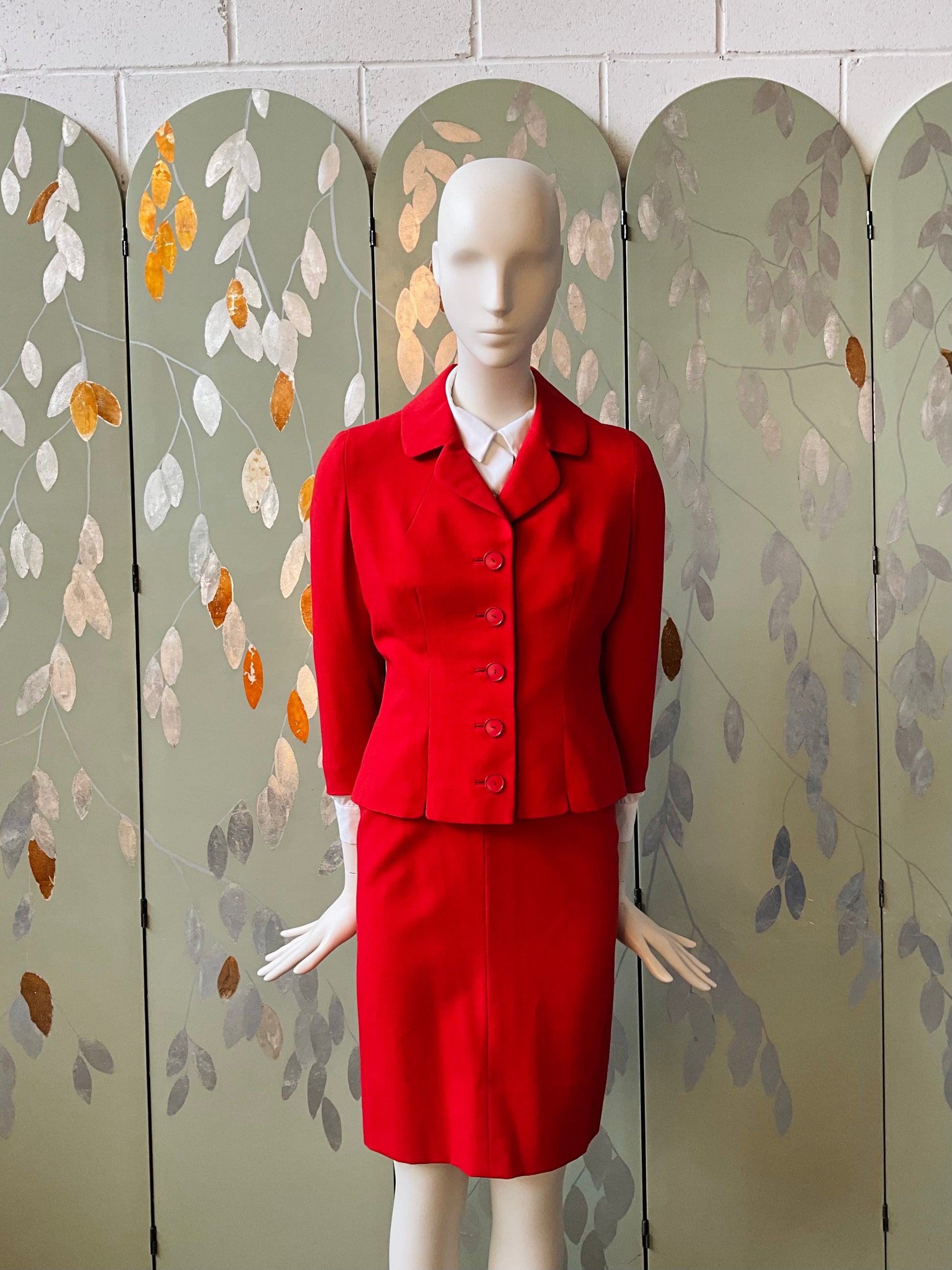 Vintage 1960s Monte-Sano & Prozan Tailored Red Skirt Suit, XXS