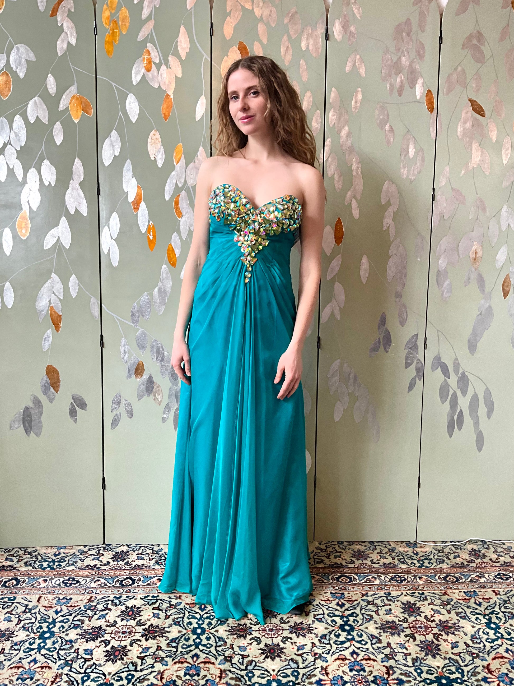 2000s Teal Green Chiffon Embellished Mermaid Gown, XS