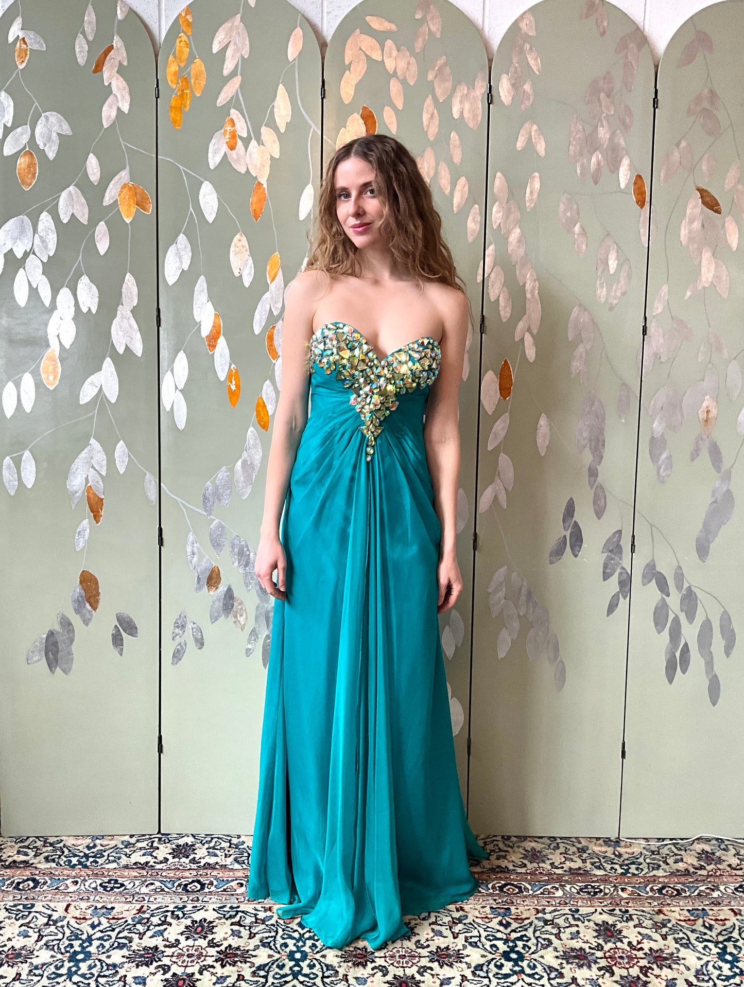 2000s Teal Green Chiffon Embellished Mermaid Gown, XS