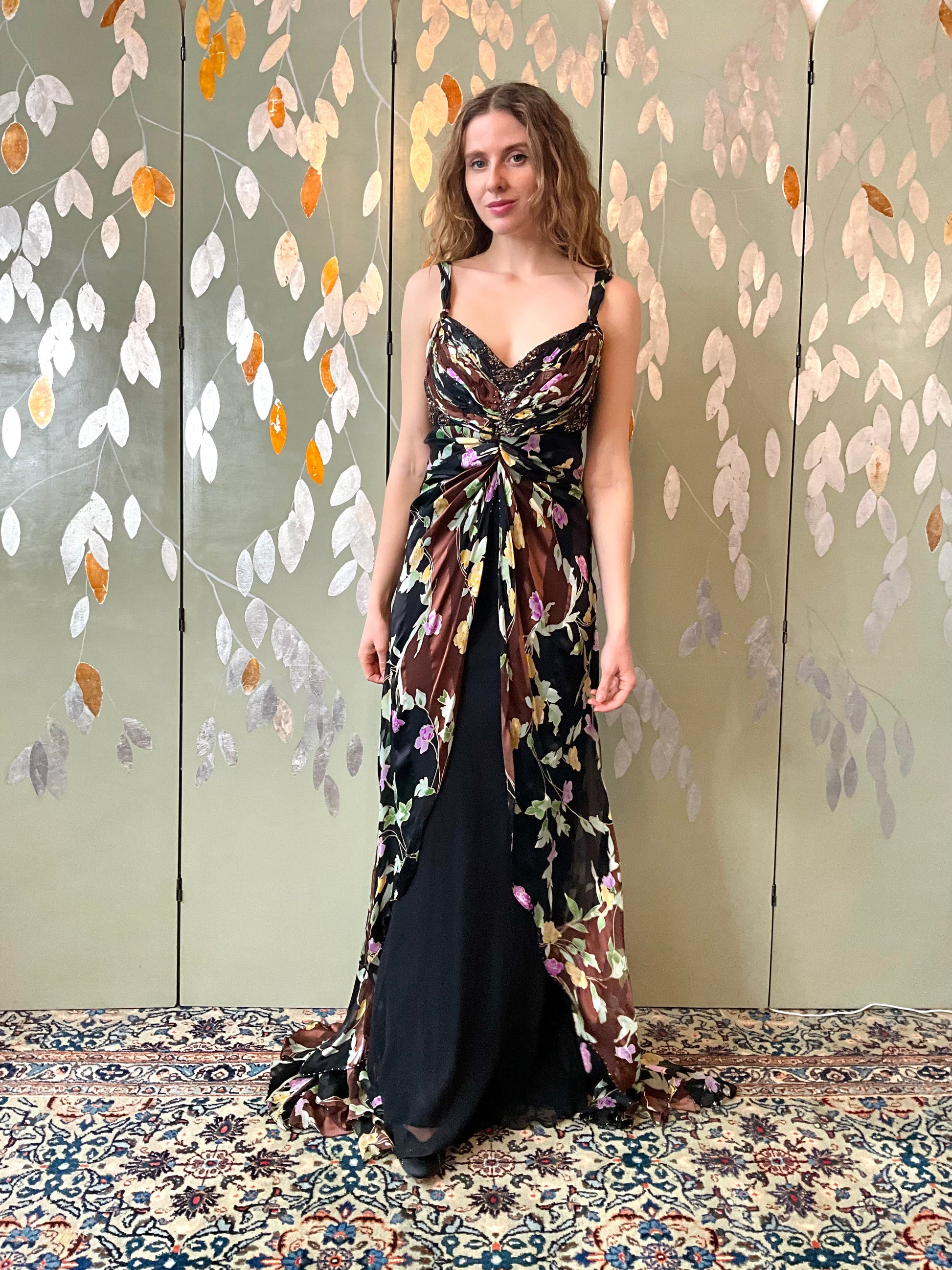 2000s Black/Brown Floral Silk Beaded Gown, Small  