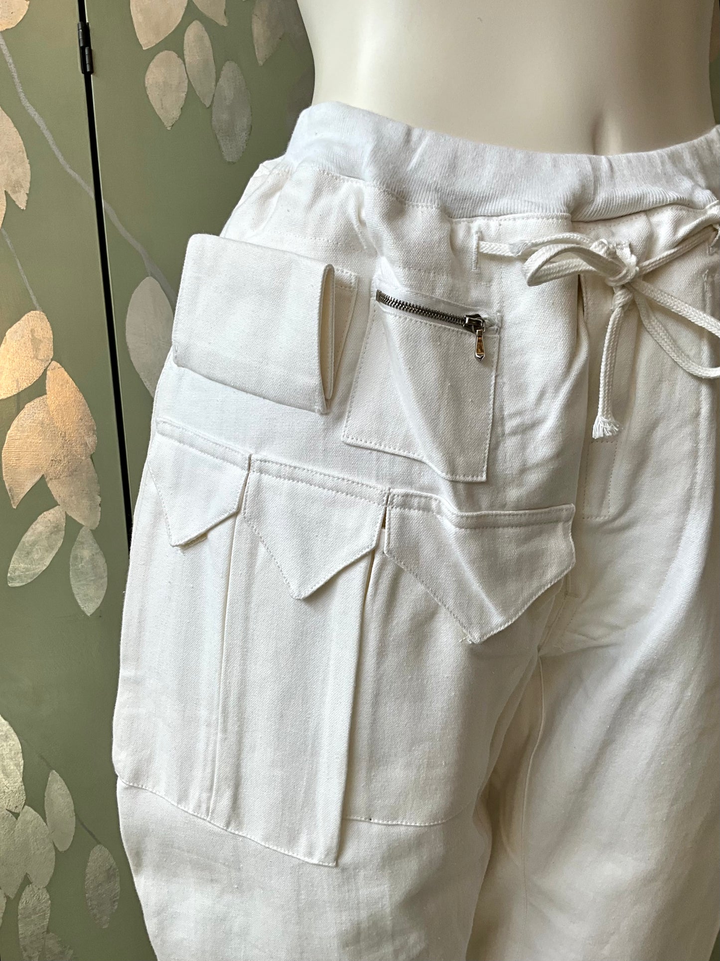 Vintage 1990s Katharine Hammett White Cotton Utility Jogger Pants, Unisex Small