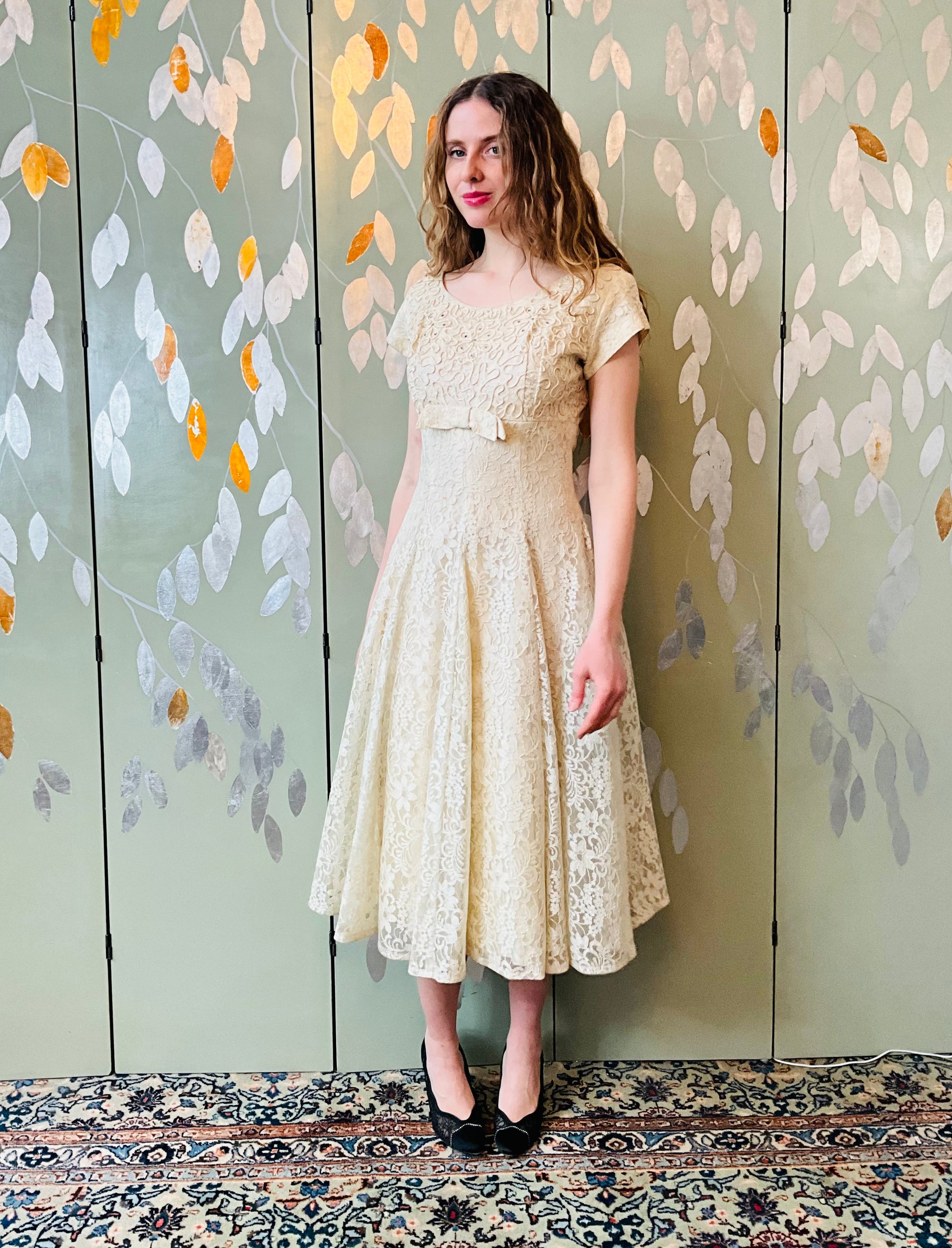 Vintage 1950s Cream Lace Cocktail Dress with Embellished Bodice, B34" Vintage 1950s Cream Lace Cocktail Dress with Embellished Bodice, B34"