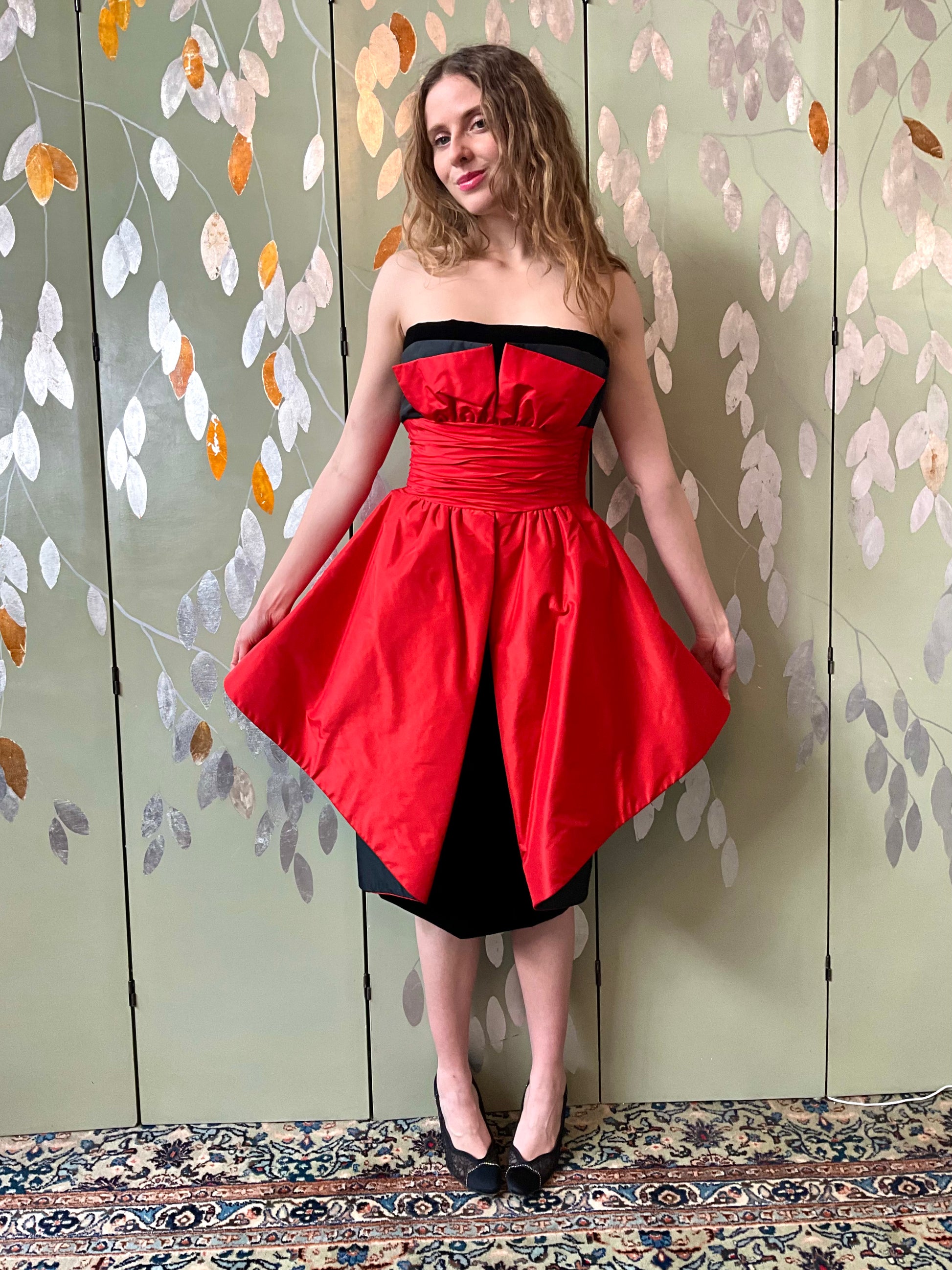 Vintage 1980s Strapless Black Velvet Red Taffeta Evening Dress Ann Lawrence XS