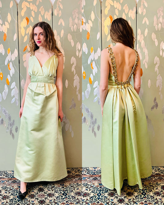 Vintage 1960s Green Satin Beaded Evening Gown, Small
