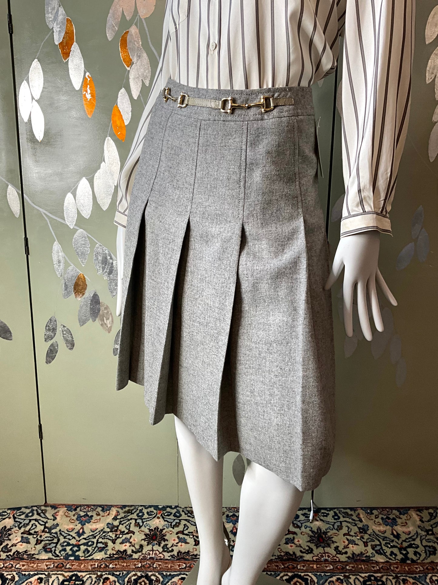 Vintage 1970s Celine Pleated Grey Wool Skirt, Small