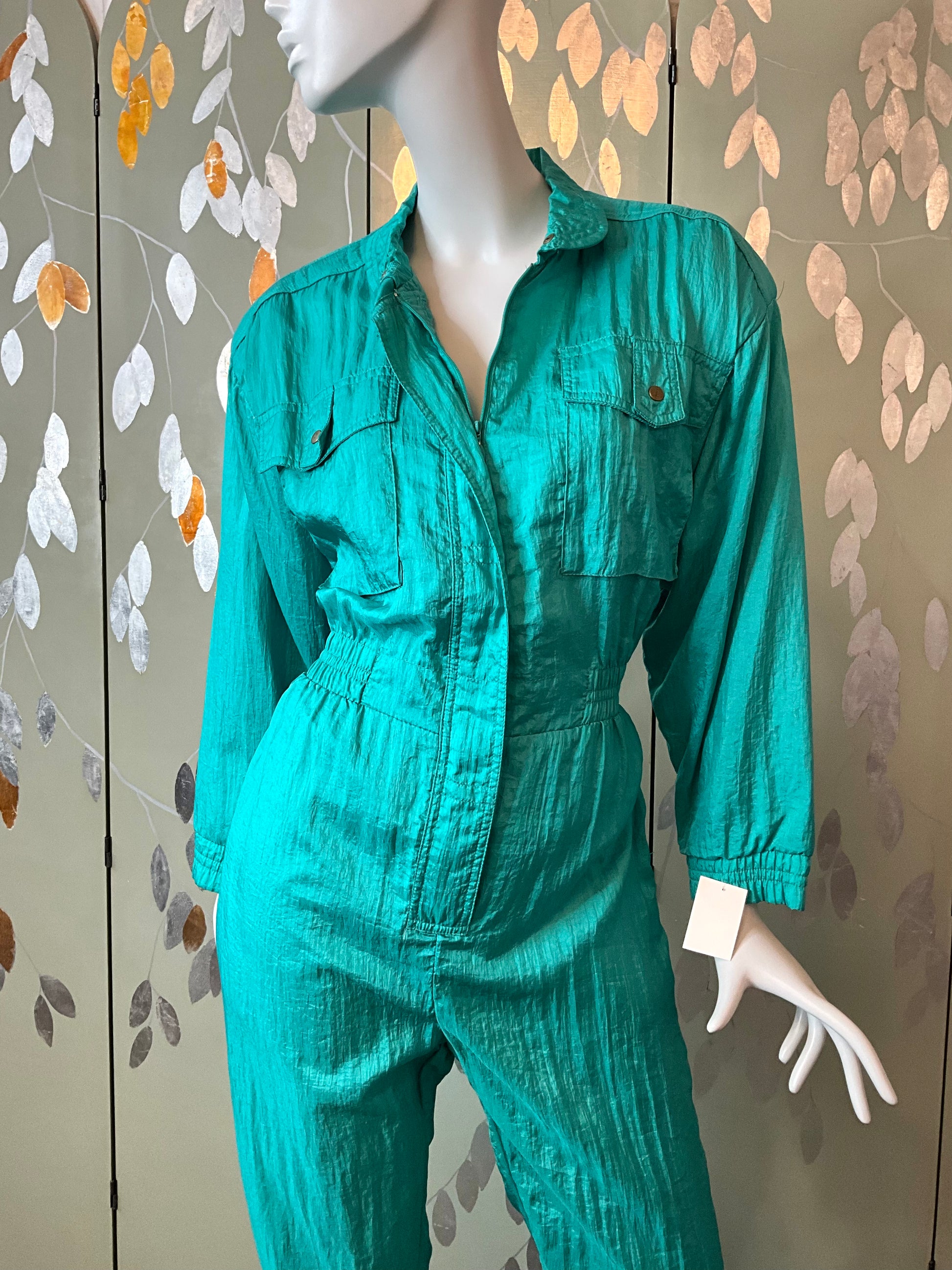 Vintage 1980s Teal Green Nylon Jumpsuit, Medium 