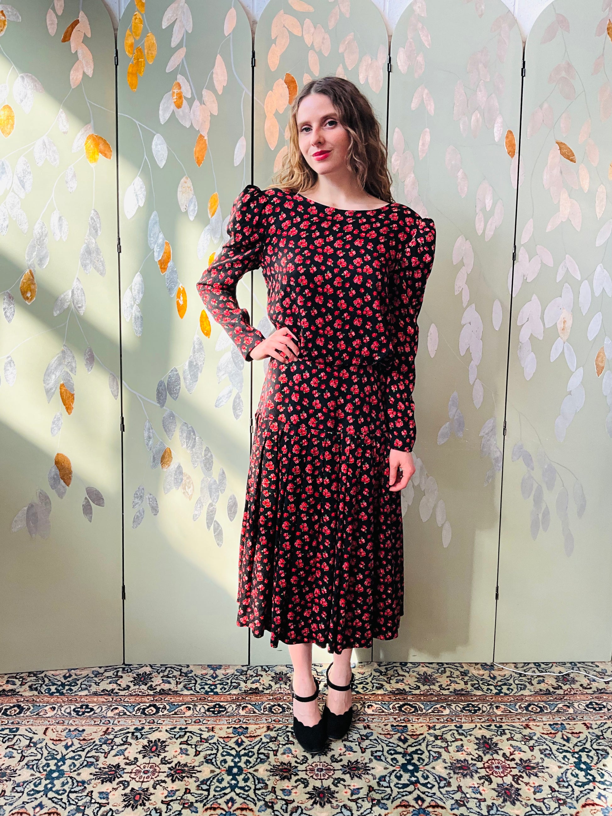 Vintage 1980s Black & Red Rose Print Silk Dress, Small Vintage 1980s Black & Red Rose Print Silk Dress, Small