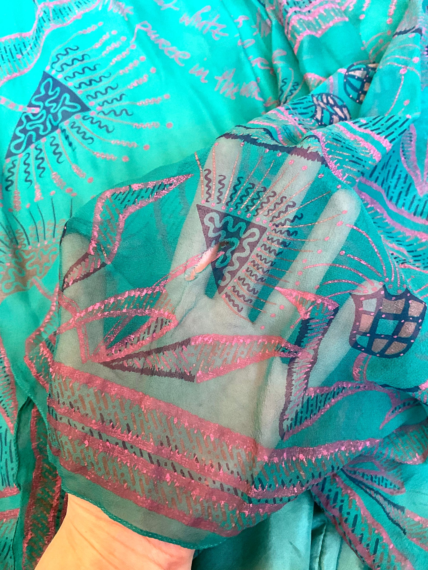 Vintage 1983 Zandra Rhodes Turquoise Printed Embellished Silk Chiffon Fairy Gown, Size 6