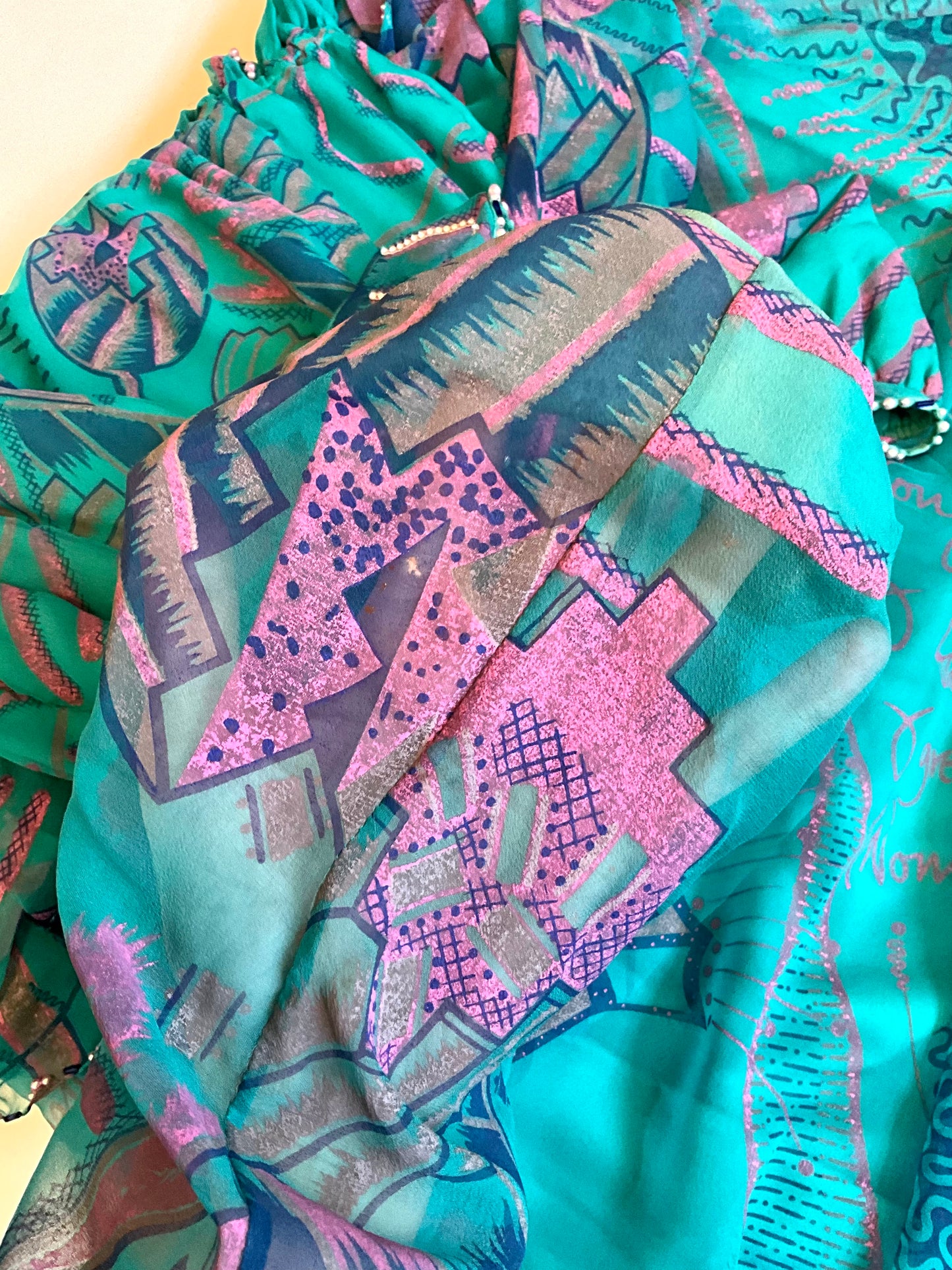 Vintage 1983 Zandra Rhodes Turquoise Printed Embellished Silk Chiffon Fairy Gown, Size 6