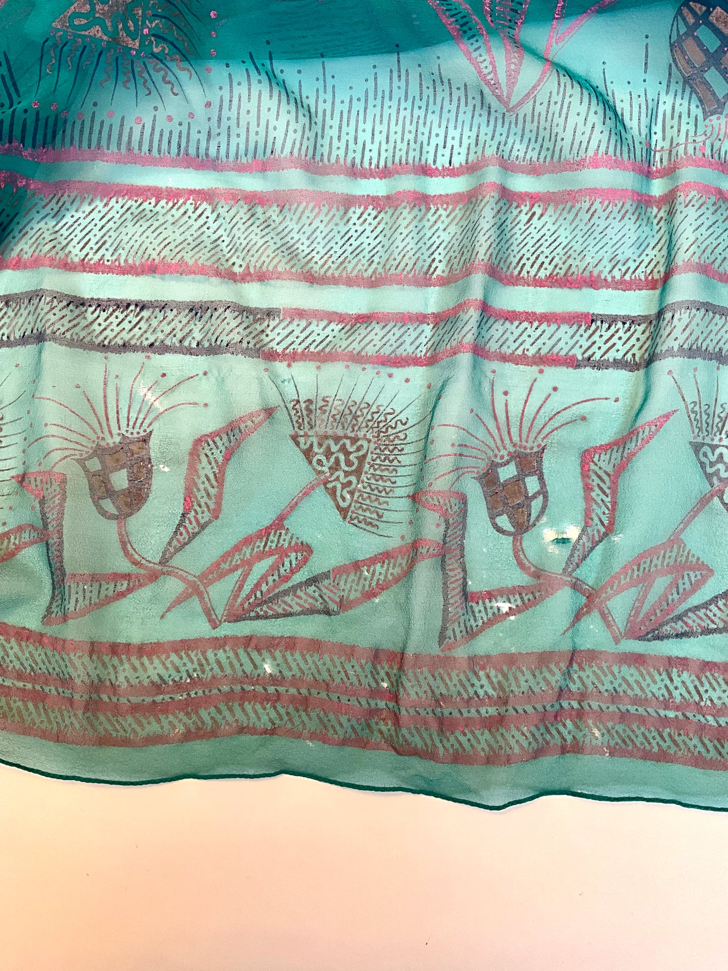 Vintage 1983 Zandra Rhodes Turquoise Printed Embellished Silk Chiffon Fairy Gown, Size 6