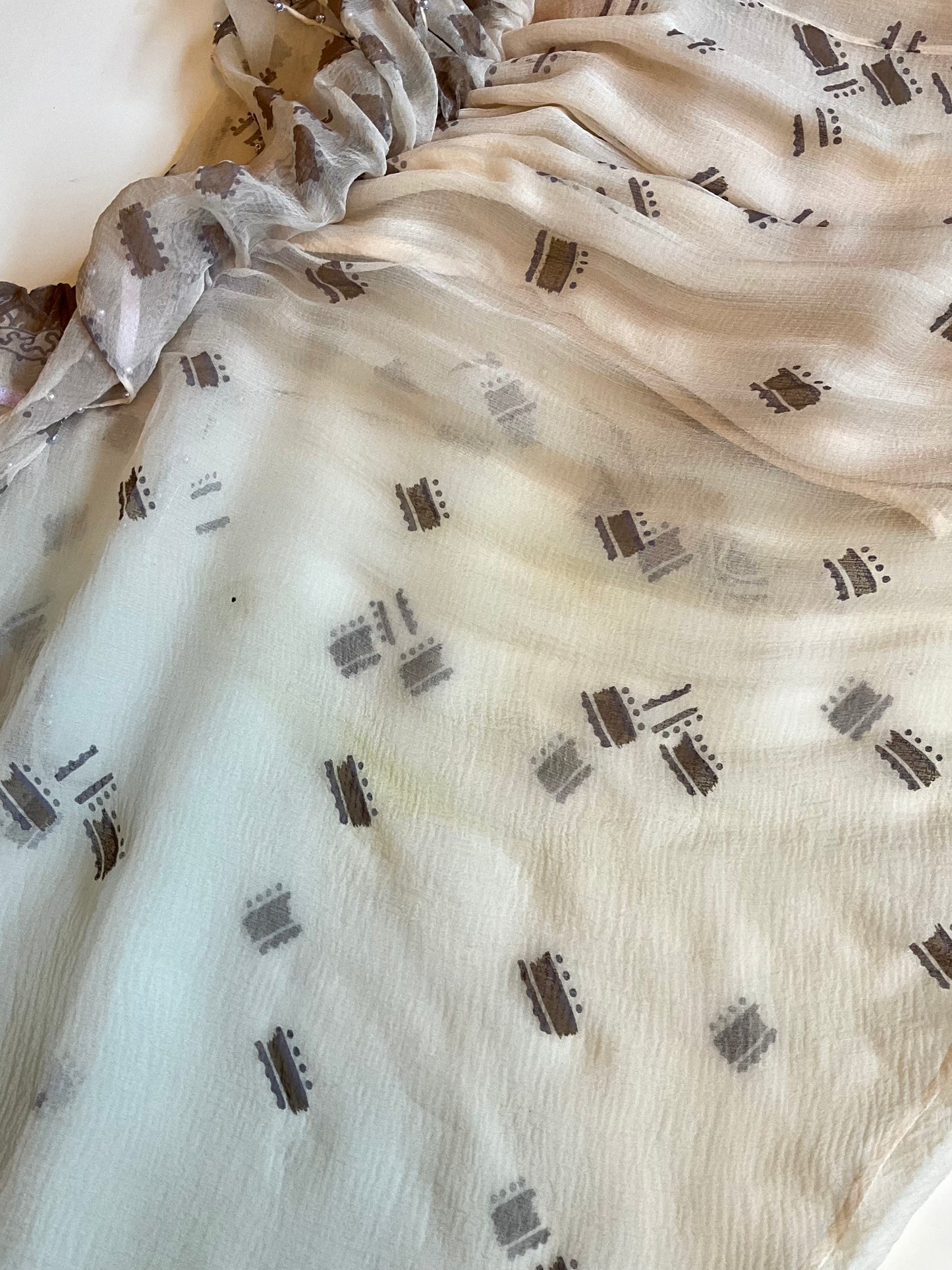 Vintage 1980s Zandra Rhodes Cream Chiffon Printed Maxi Dress, Medium