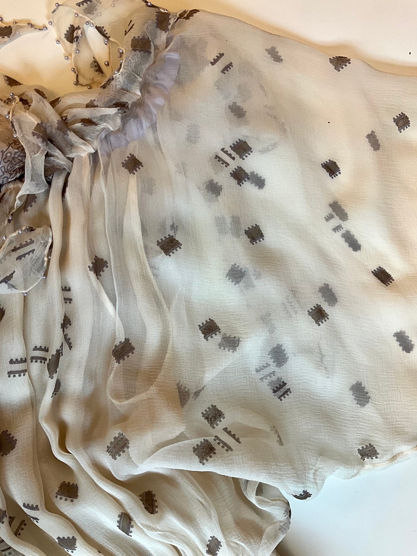 Vintage 1980s Zandra Rhodes Cream Chiffon Printed Maxi Dress, Medium