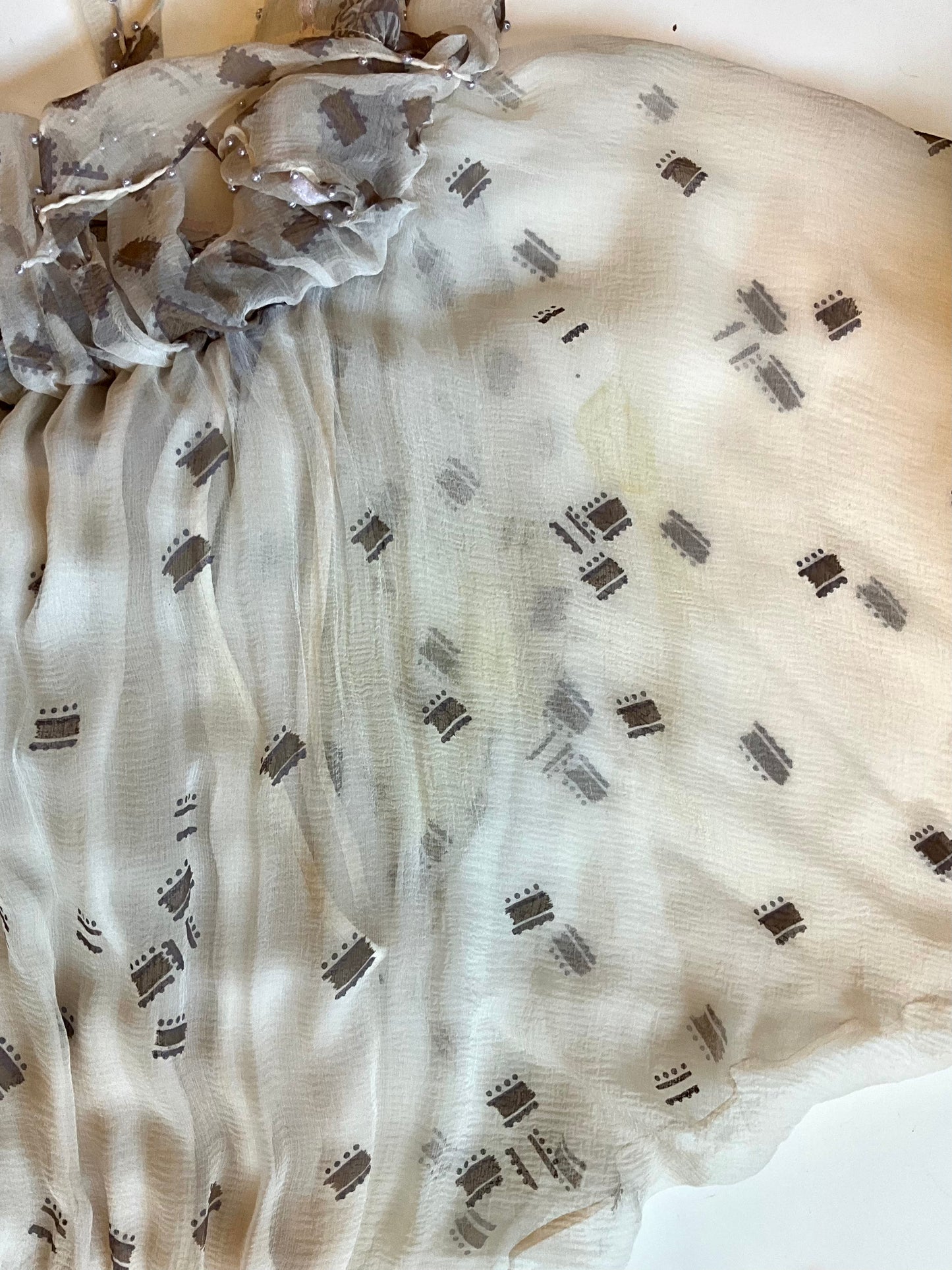 Vintage 1980s Zandra Rhodes Cream Chiffon Printed Maxi Dress, Medium