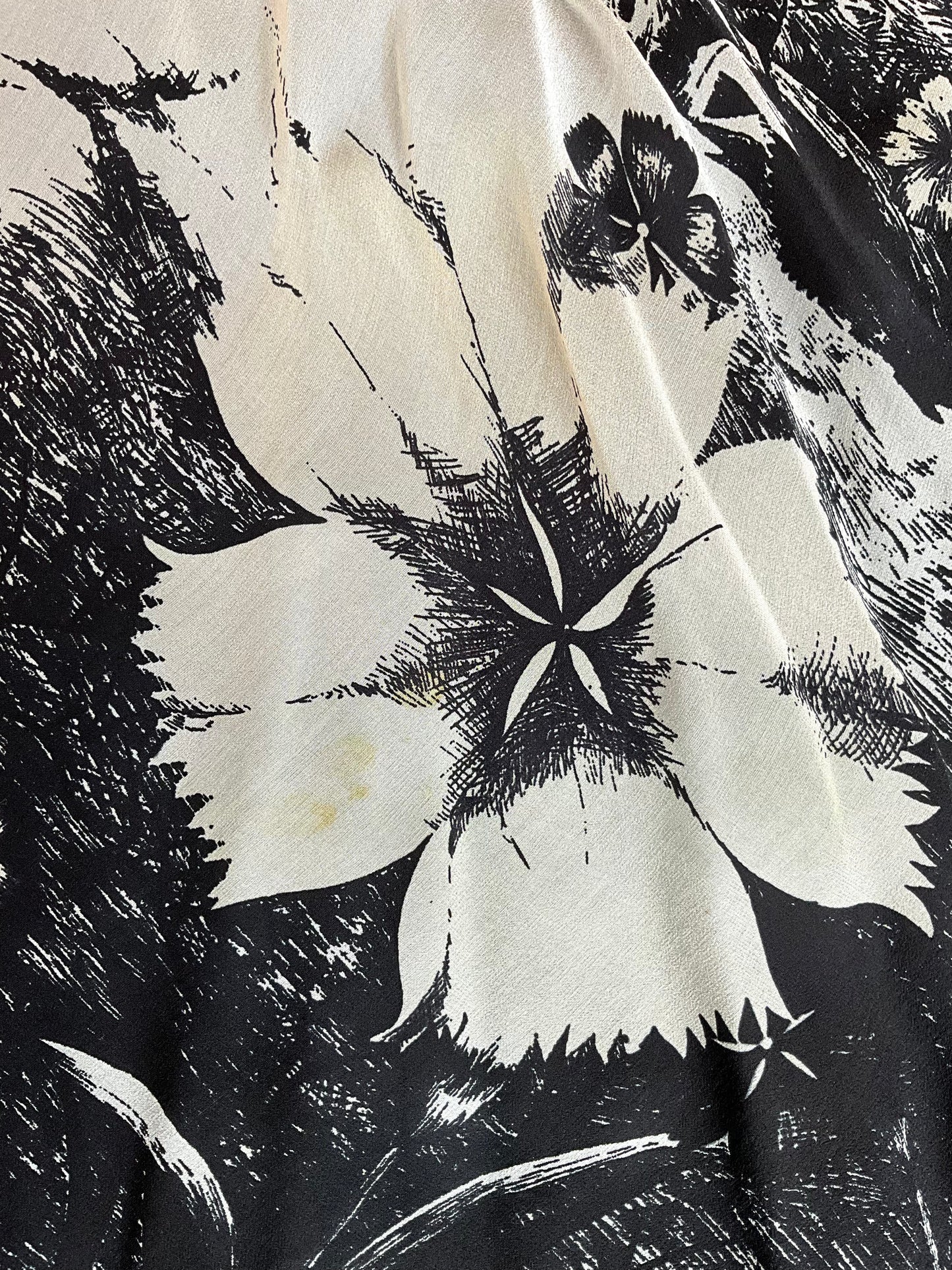 Vintage 1980s Hanae Mori Black and Grey Floral Chiffon Handkerchief Hem Dress, Small 