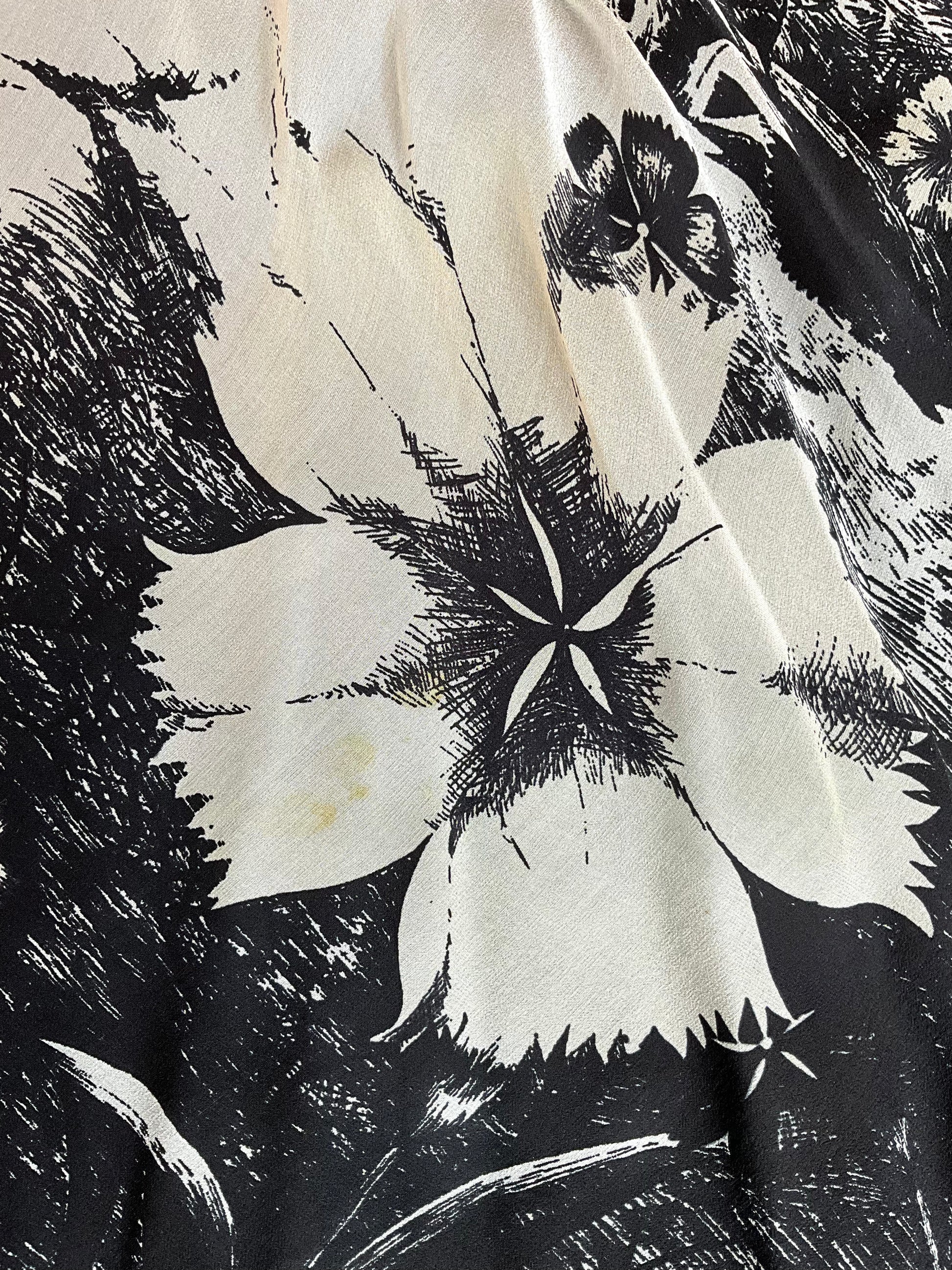 Vintage 1980s Hanae Mori Black and Grey Floral Chiffon Handkerchief Hem Dress, Small 