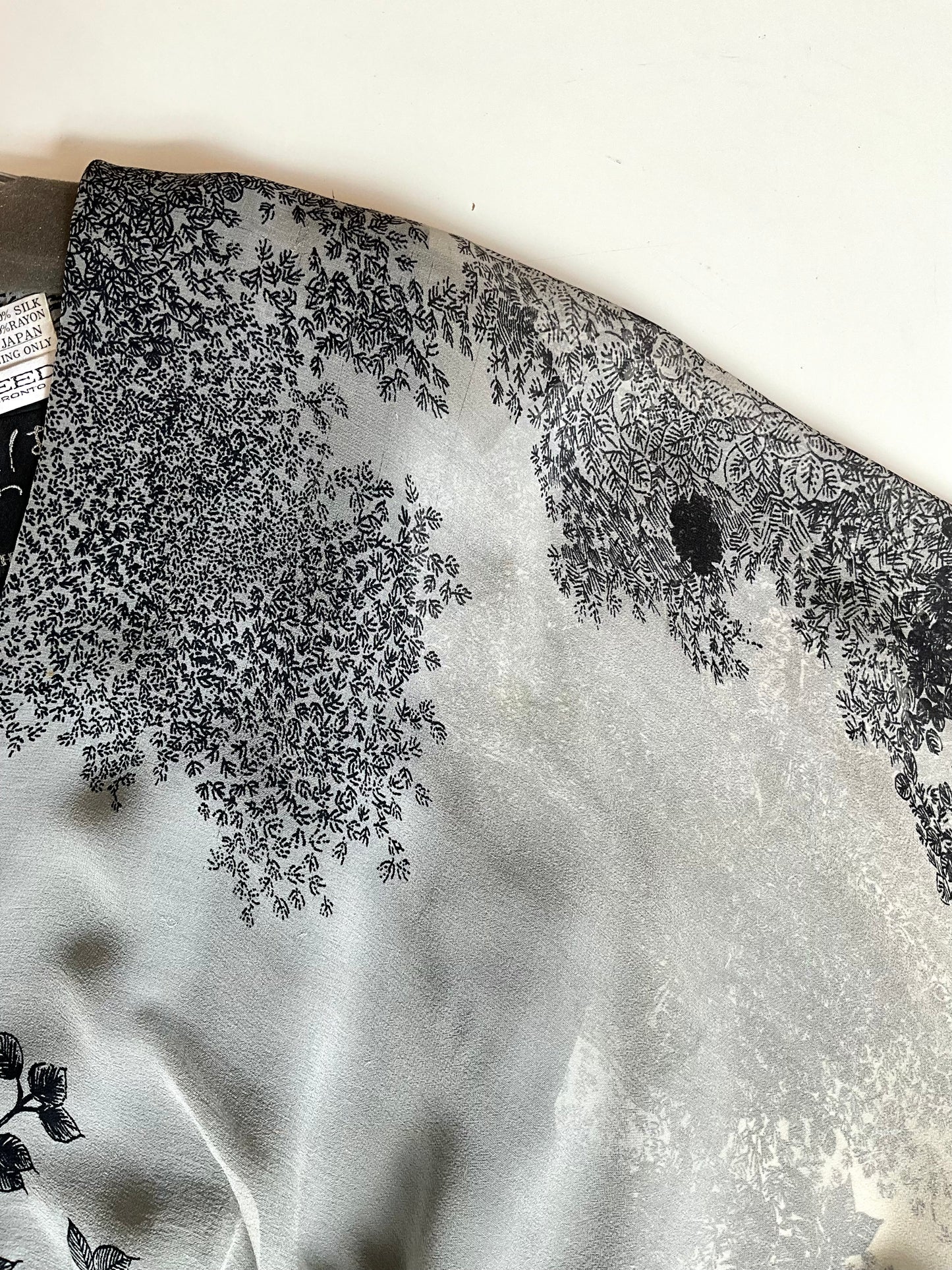 Vintage 1980s Hanae Mori Black and Grey Floral Chiffon Handkerchief Hem Dress, Small 
