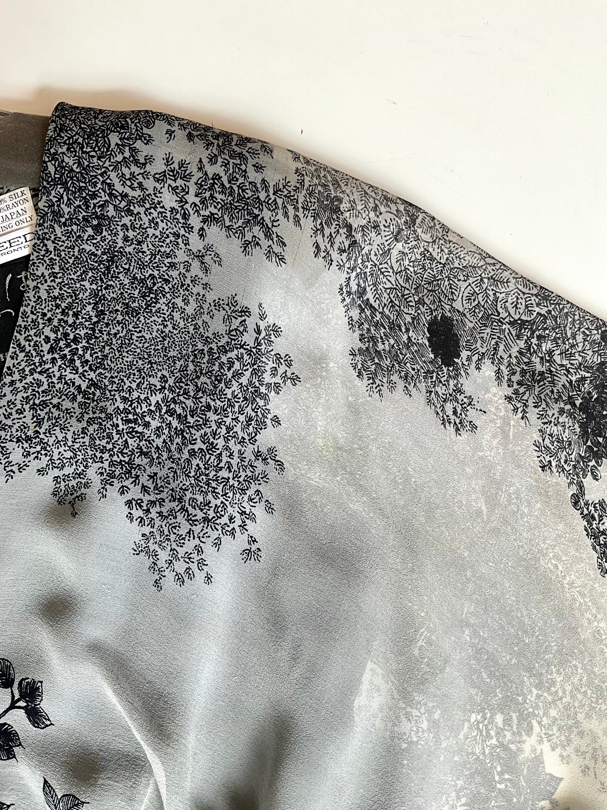 Vintage 1980s Hanae Mori Black and Grey Floral Chiffon Handkerchief Hem Dress, Small 