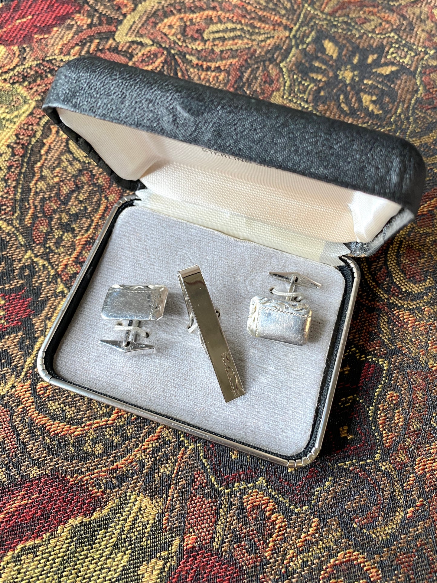Vintage Sterling Silver Cuff Links and Tie Clip Set in Box