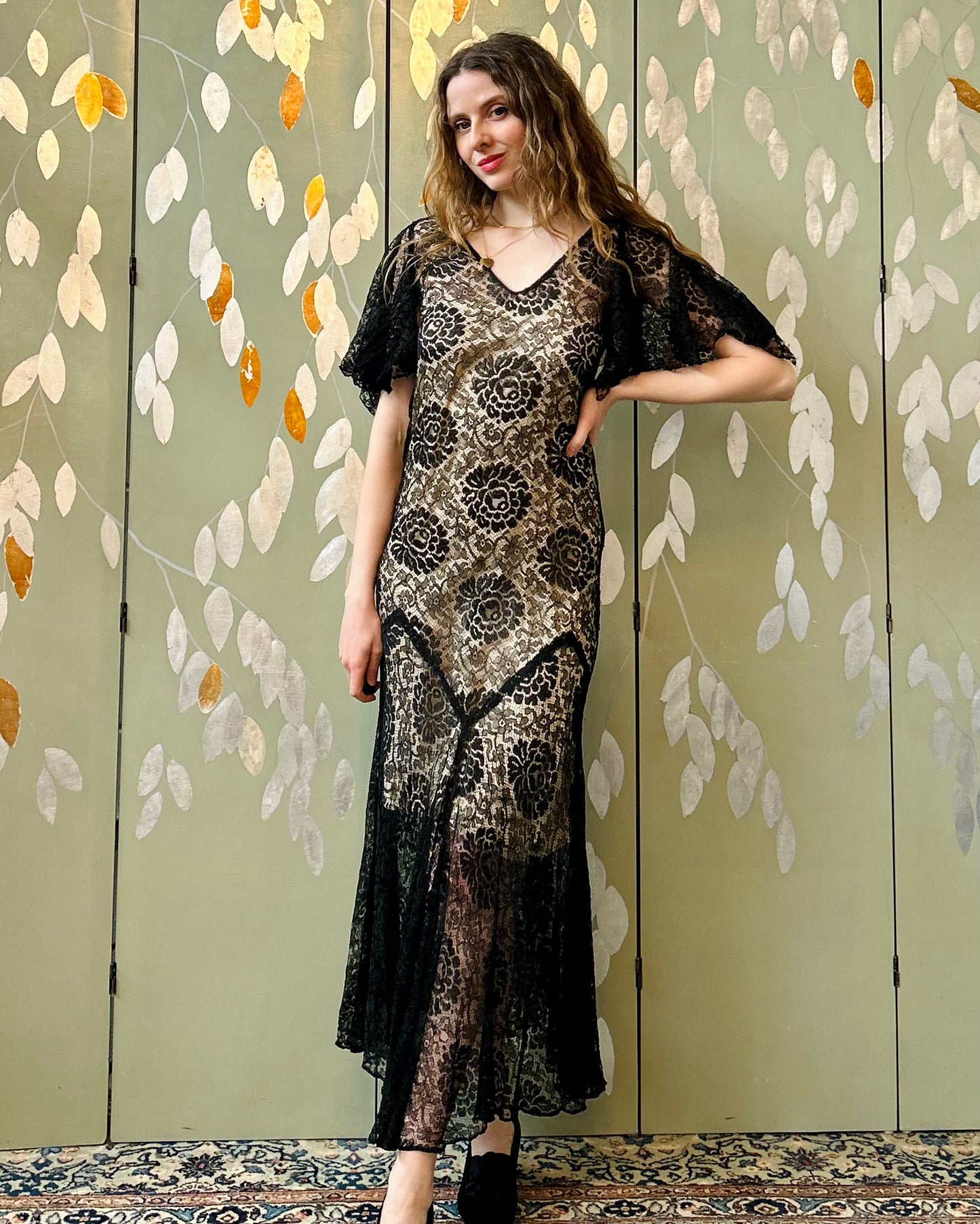 Vintage 1930s Black Lace Butterfly Sleeve Evening Dress, Small Ian Drummond Vintage Vintage 1930s Black Lace Butterfly Sleeve Evening Dress, Small Ian Drummond Vintage