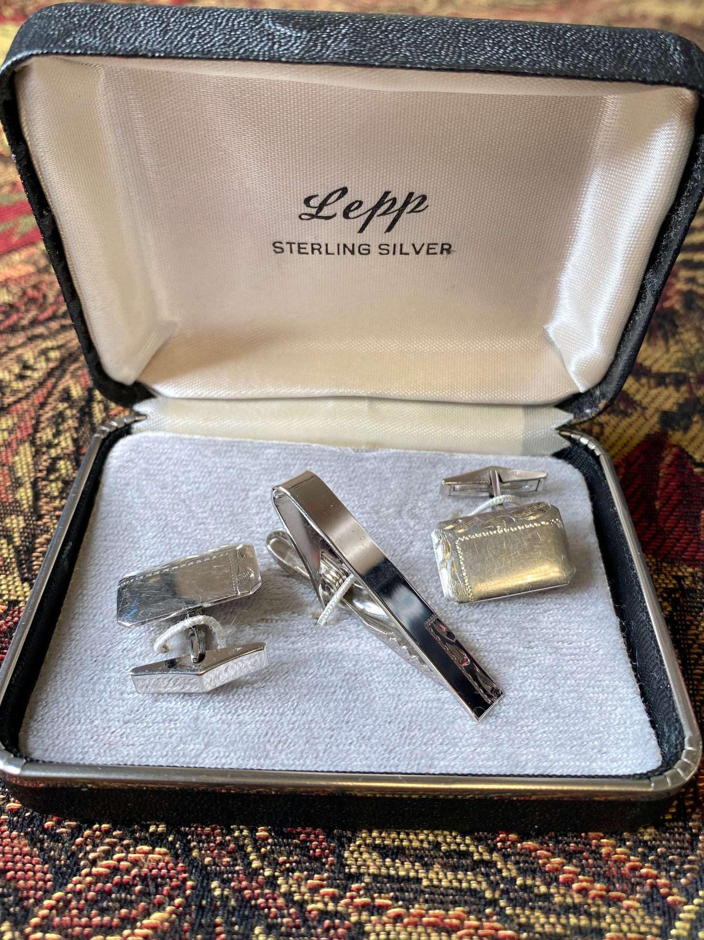 Vintage Sterling Silver Cuff Links and Tie Clip Set in Box