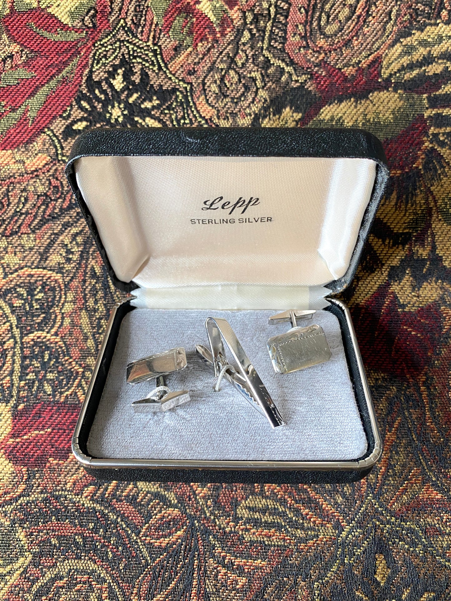 Vintage Sterling Silver Cuff Links and Tie Clip Set in Box