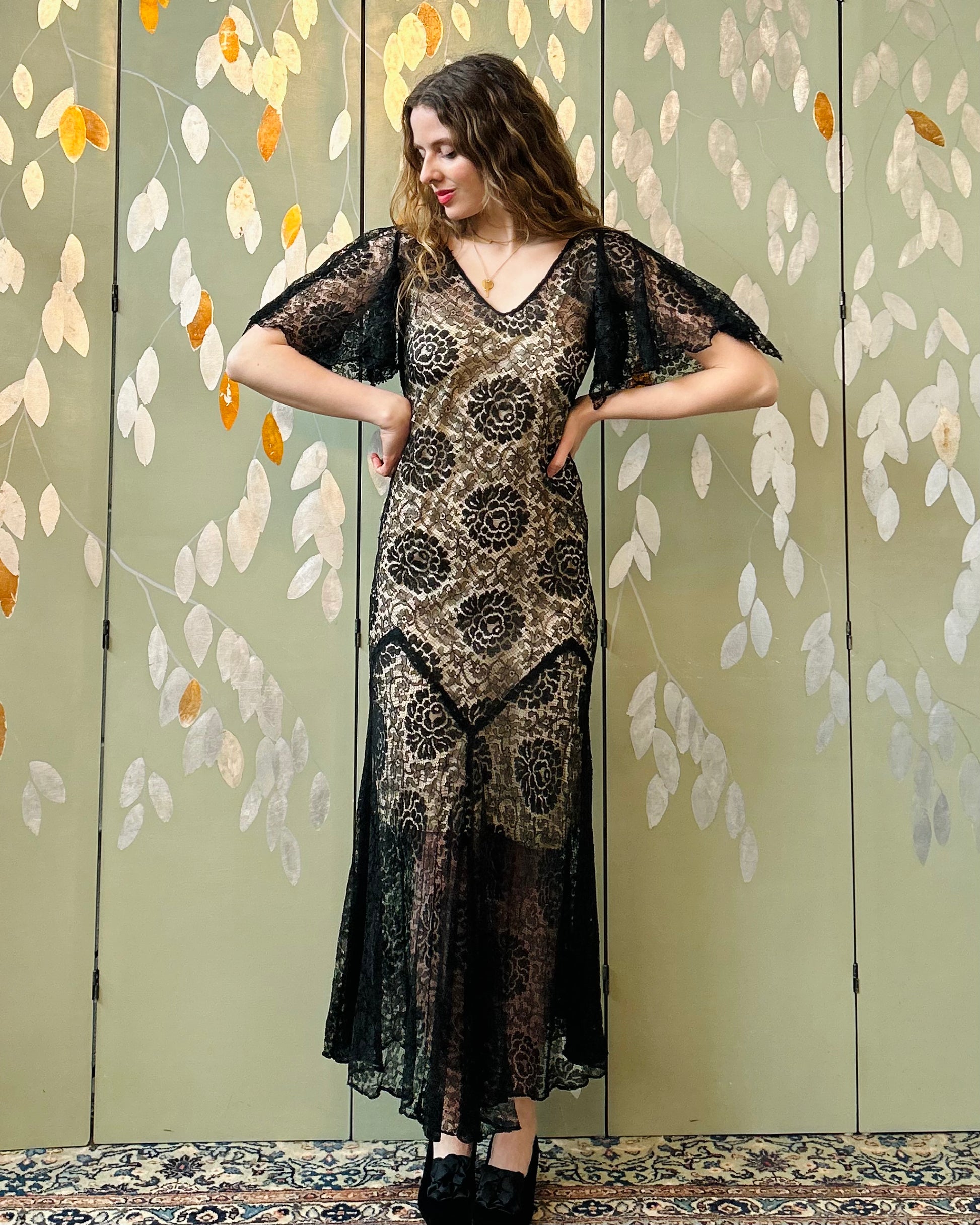 Vintage 1930s Black Lace Butterfly Sleeve Evening Dress, Small Ian Drummond Vintage Vintage 1930s Black Lace Butterfly Sleeve Evening Dress, Small Ian Drummond Vintage